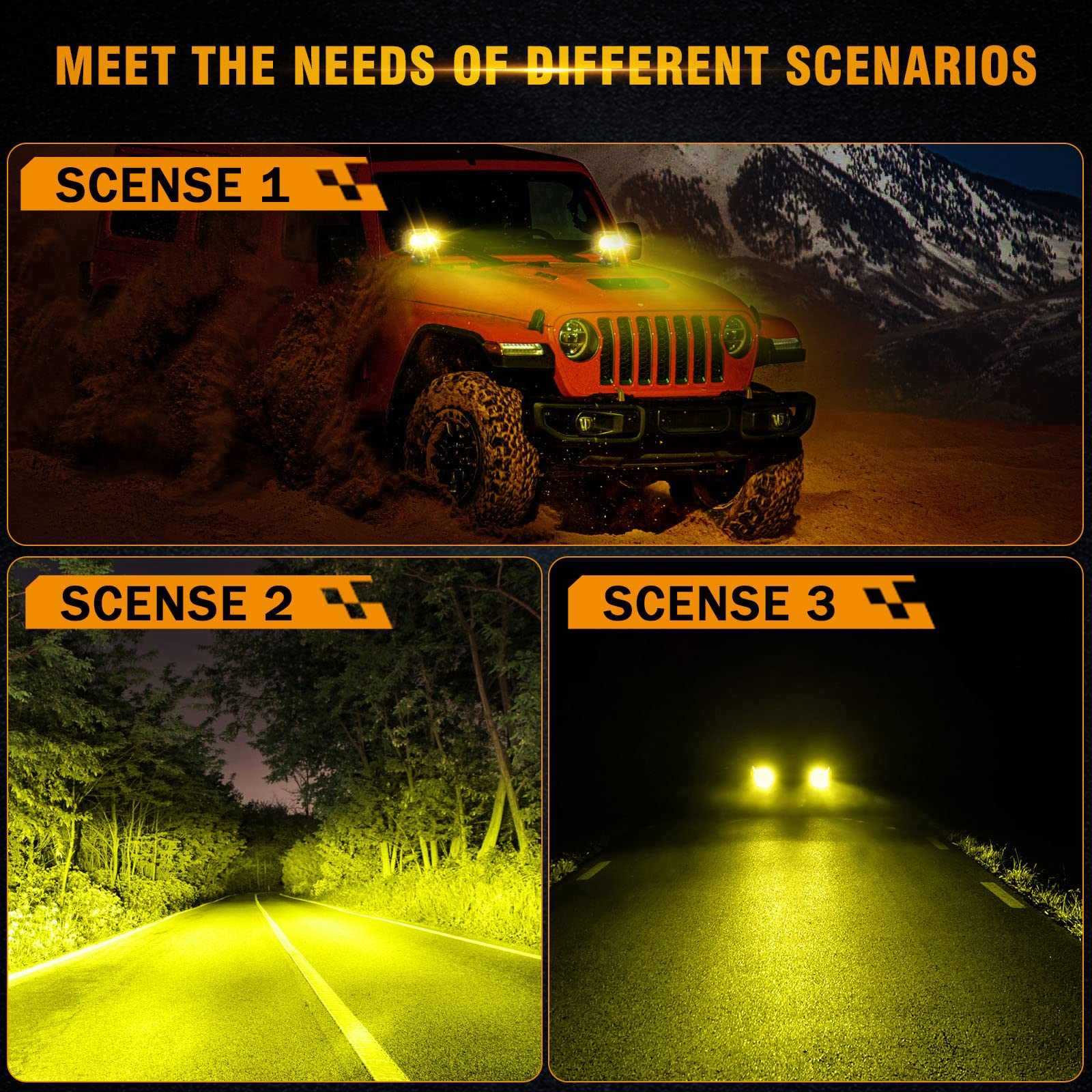 Auxbeam LED Amber Fog Light, 4Inch 60W Led Driving Offroad Lights Pod Super Bright with Wiring Harness Kit Yellow Flood Beam Pod Light for Truck SUV ATV UTV Jeep Wrangler Motorcycle