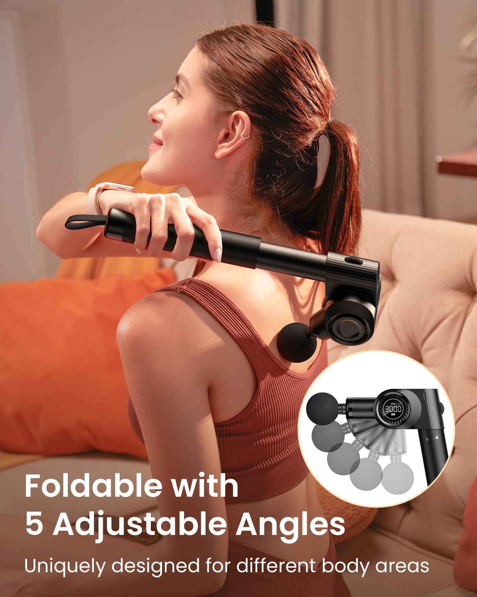 Napre Foldable Massage Gun Deep Tissue with 5 Adjustable Angles,Portable Percussion Back Massager for Muscle/Neck/Body Pain Relief with Long Extension Metal Handle, 32-Speed Levels, with Carrying Case