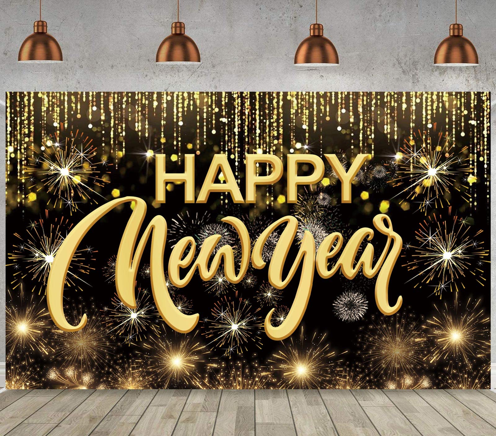 Happy New Year Hanging Extra Large Fabric Sign Poster Background Banner with Firework Pattern for New Year Party Decorations