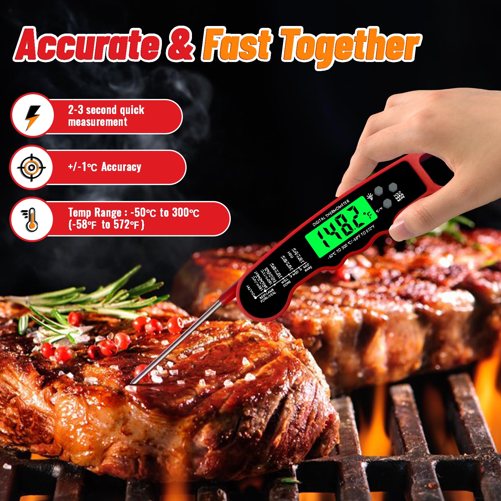 Meat Thermometer Digital, IP67 Waterproof Food Thermometer for Cooking and Baking, Instant Read Meat Thermometer with Backlight, Hold Function & Magnet for Kitchen, Beef, Grill, BBQ, Candy, Turkey