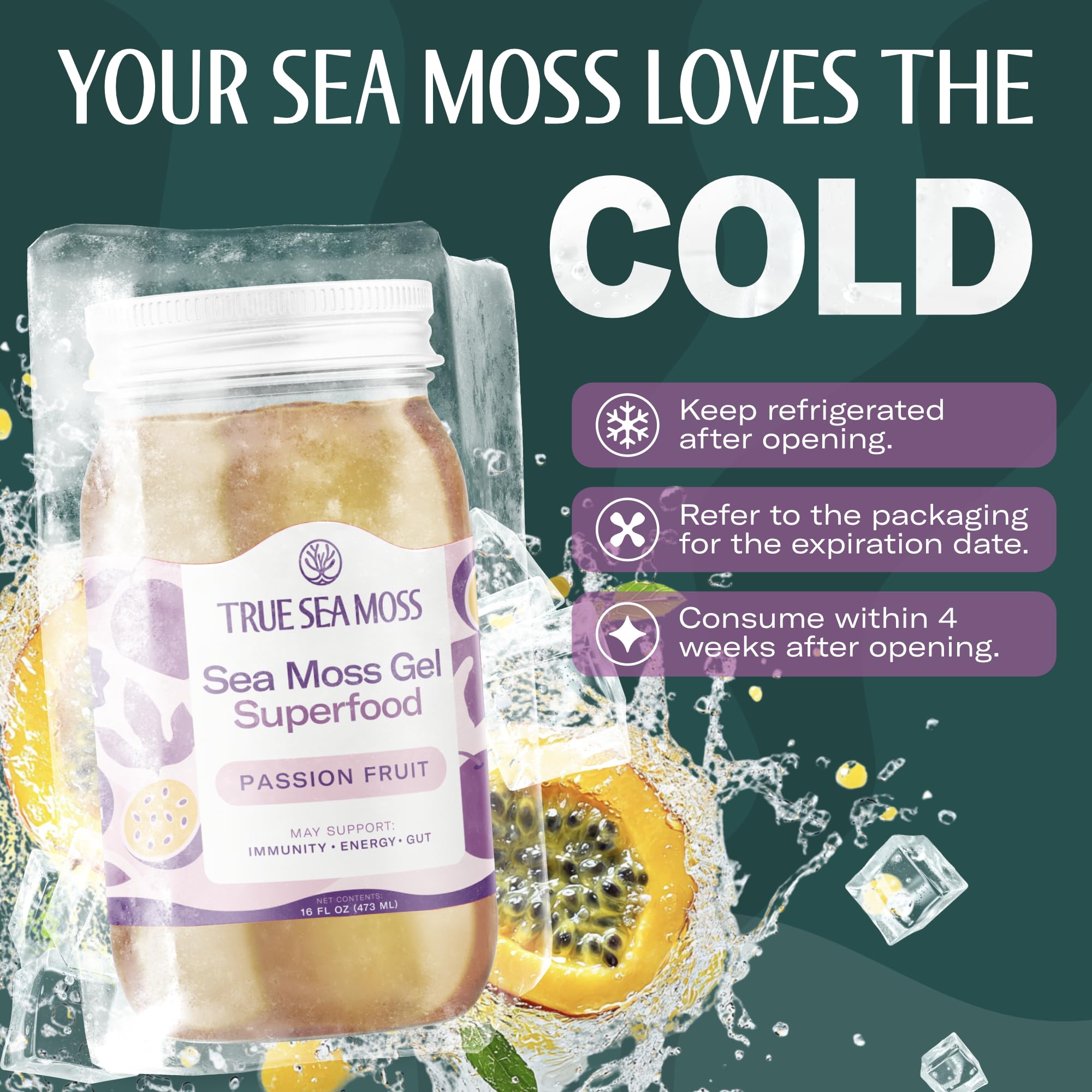 TrueSeaMoss Sea Moss Gel – Made in USA – Wildcrafted Seamoss, Fresh Fruits & Sea Vegetables – Passion Fruit, Pack of 1 (Labels May Vary)