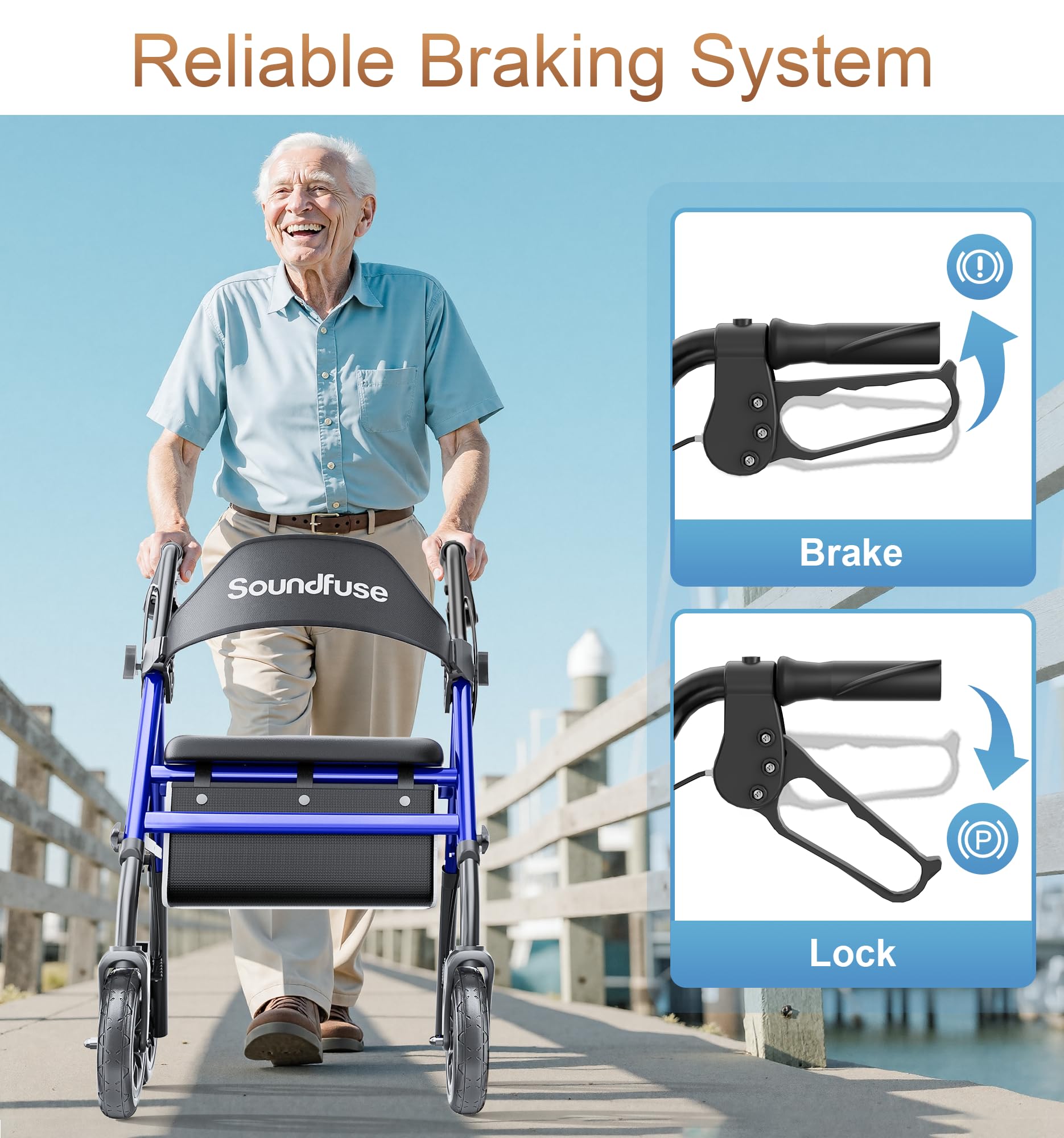 SOUNDFUSE Rollator Walkers for Seniors with Seat, Foldable Lightweight Rolling Walker with 8" Big PU Wheels, Ergonomic Seat, Dual Height Adjustment