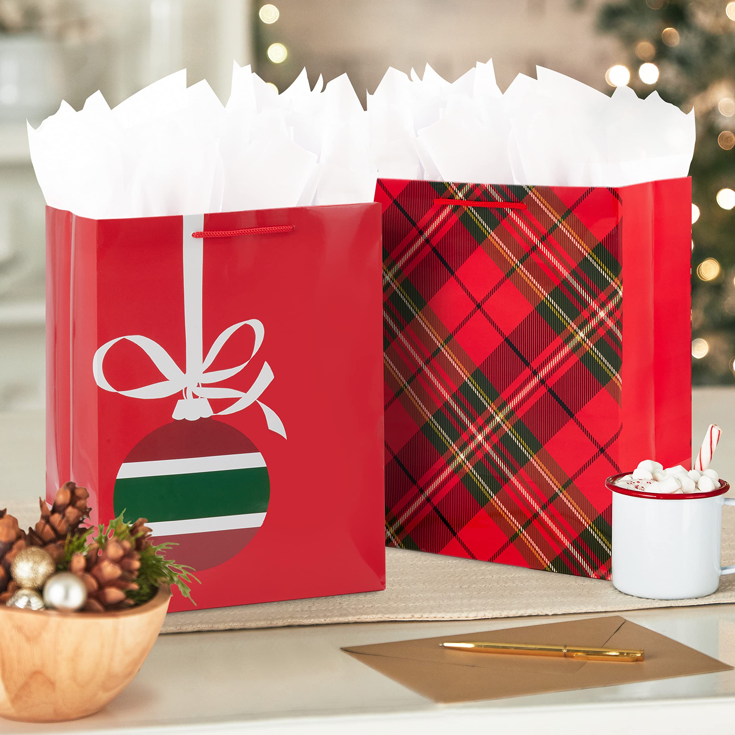 Hallmark Image Arts 11" Large Christmas Gift Bags (6 Bags: Tartan Plaid, Snowy Tree, Red and Green Ornament) for Coworkers, Teachers, Family