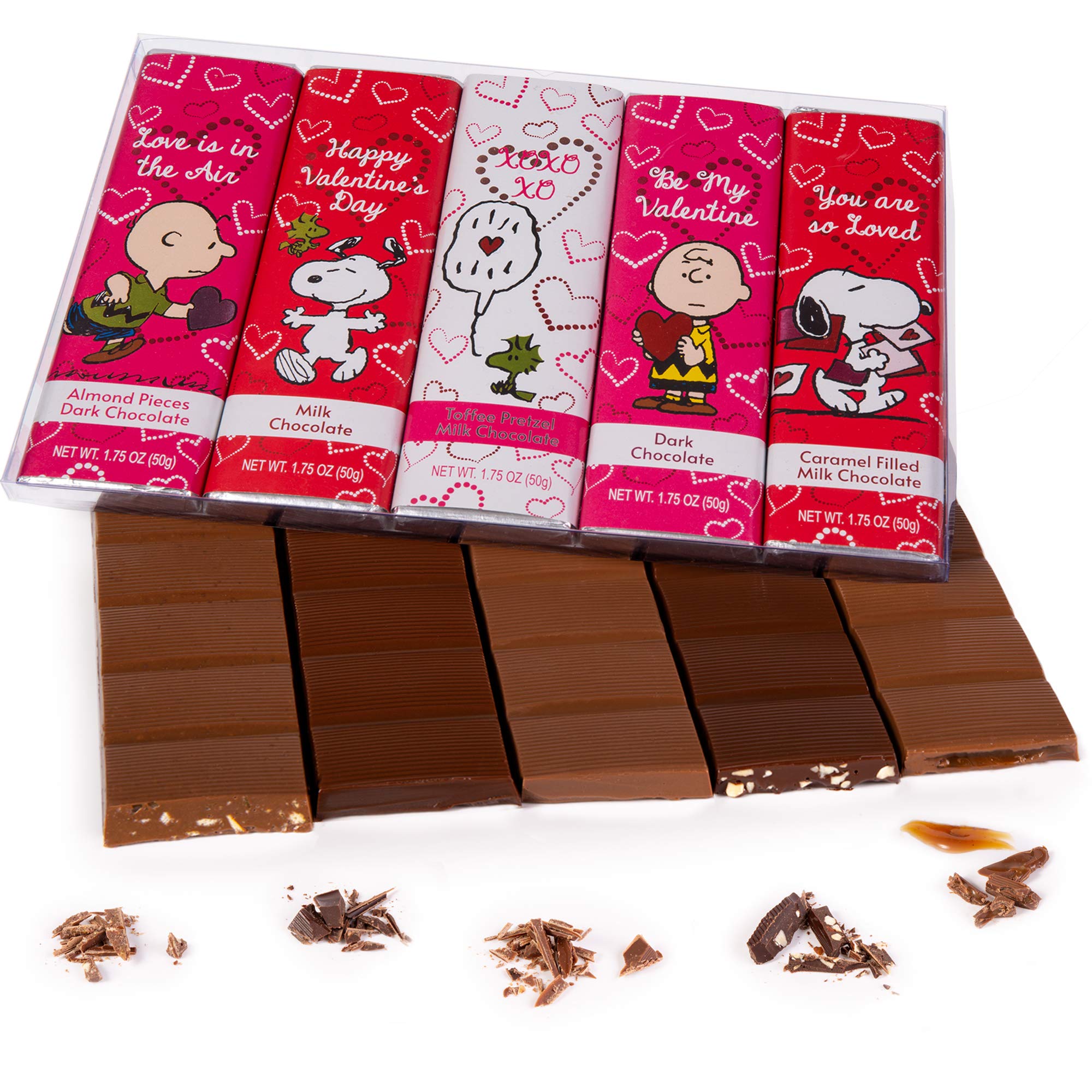 Peanuts Chocolate Valentine's Day Variety Gift Pack, Snoopy Gourmet Bar Snack Set, Charlie Brown Gifts for Kids, 1.75oz 5-Bar Rich Belgian Chocolate Valentine’s Day Box Set, Valentine Gift Shopping, Prime Holiday Delivery