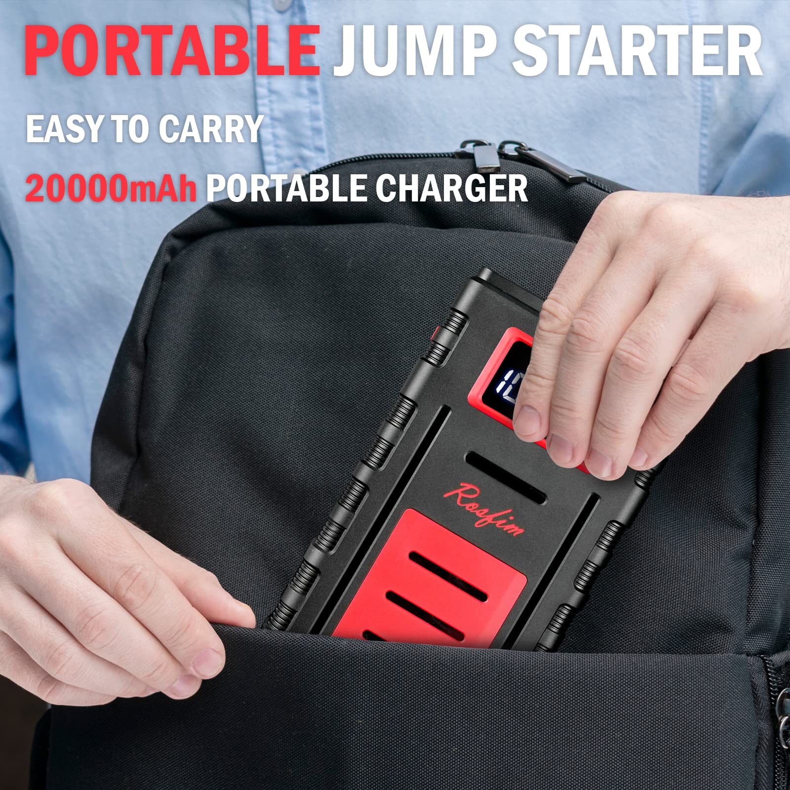 Portable Car Jump Starter, Rosfim 2000A Jump Starter Battery Pack for up to 8.5L Gas and 6.5L Diesel Engines,12V Auto Battery Booster, USB-C PD 65W Power Bank Charger with LCD Display