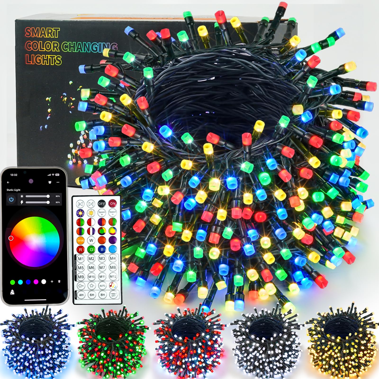 Color Changing Smart Christmas Lights 66ft 200 LED RGB with Remote & App Control & Timer, Music Sync Dimmable Multiple modes Fairy String Light Indoor Outdoor for Xmas Tree Bedroom Party Decorations