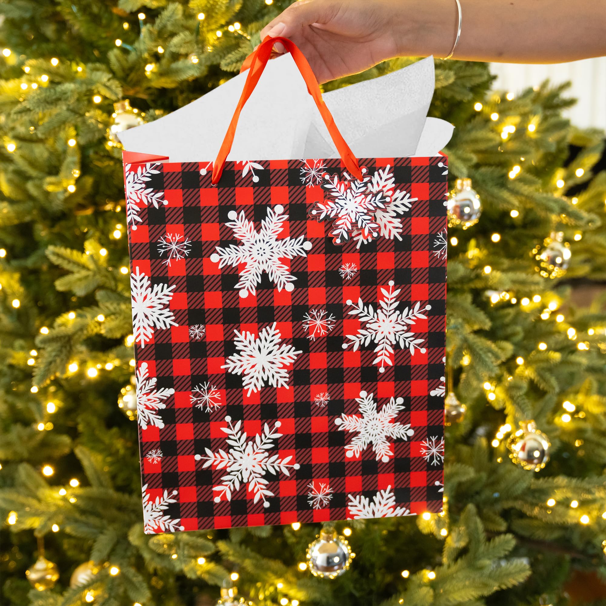 RACHELLE'S Plaid Christmas Gift Bags (Medium, 13"x10"x4") - 2 Pack Sturdy Paper Gift Bags with Tissue Paper, Tag and Handle - Ideal Party Favors and Gifting this Christmas Holiday Season