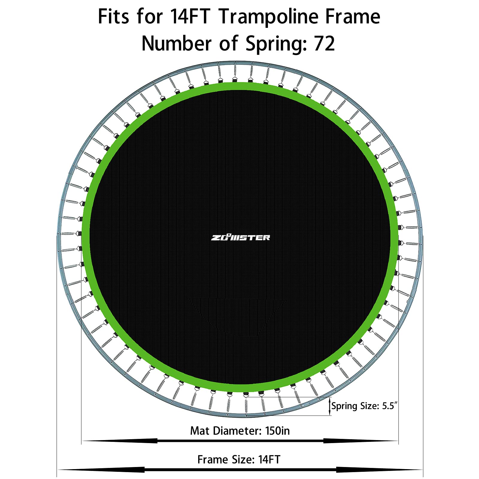 Zoomster Replacement Jumping Mat, Fits 14 ft Round Trampoline Frame with 72 V-Hooks, Using 5.5" Springs 150" Premium Trampoline Mat (Excluding Frame and Spring)