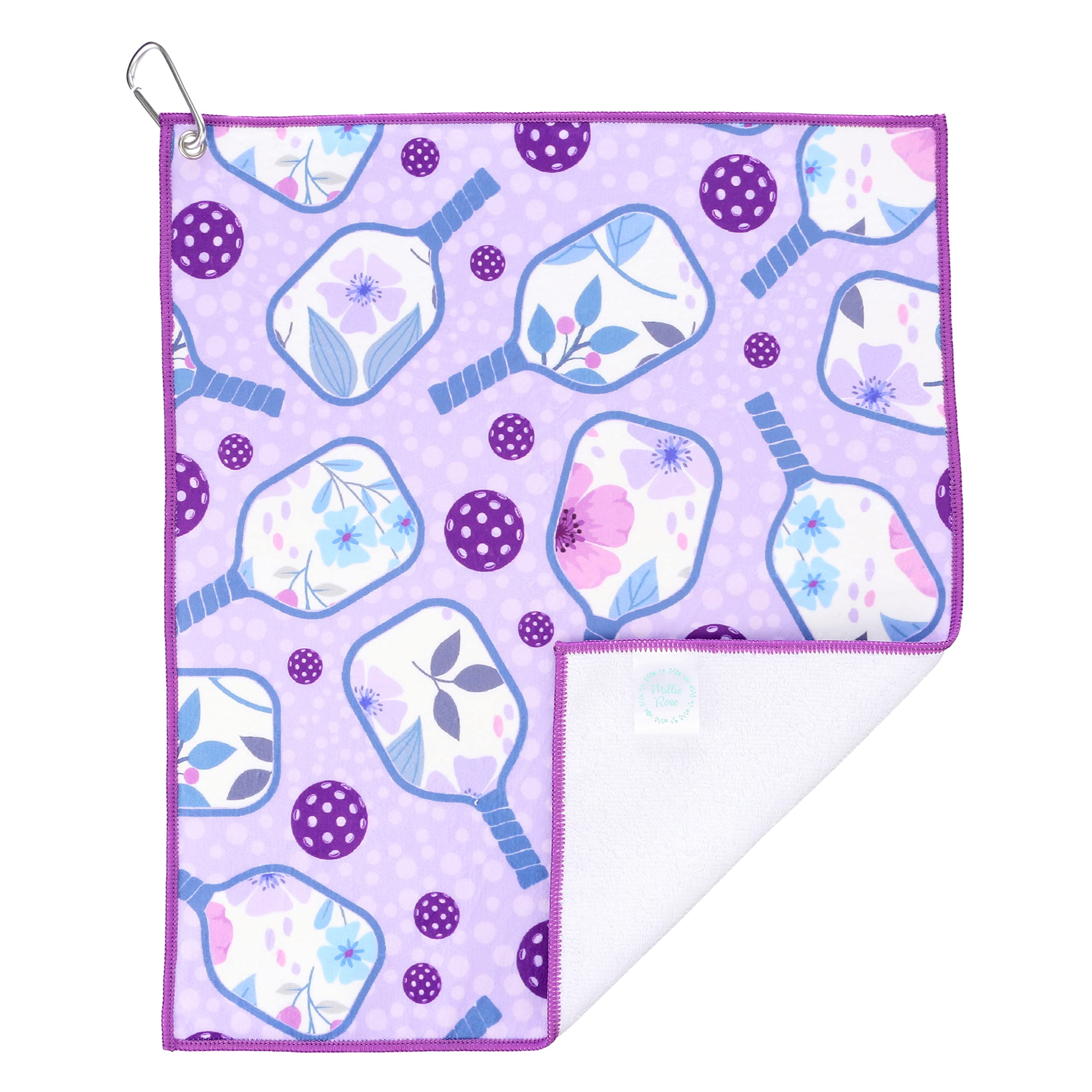 Millie Rose Pickleball Towels in Fashionable Prints - Cute 15x17 inch Microfiber & Cotton Athletic Towels with Carabiner Clip - Pickleball Accessories, Pickleball Gifts (Prettiest Purple)