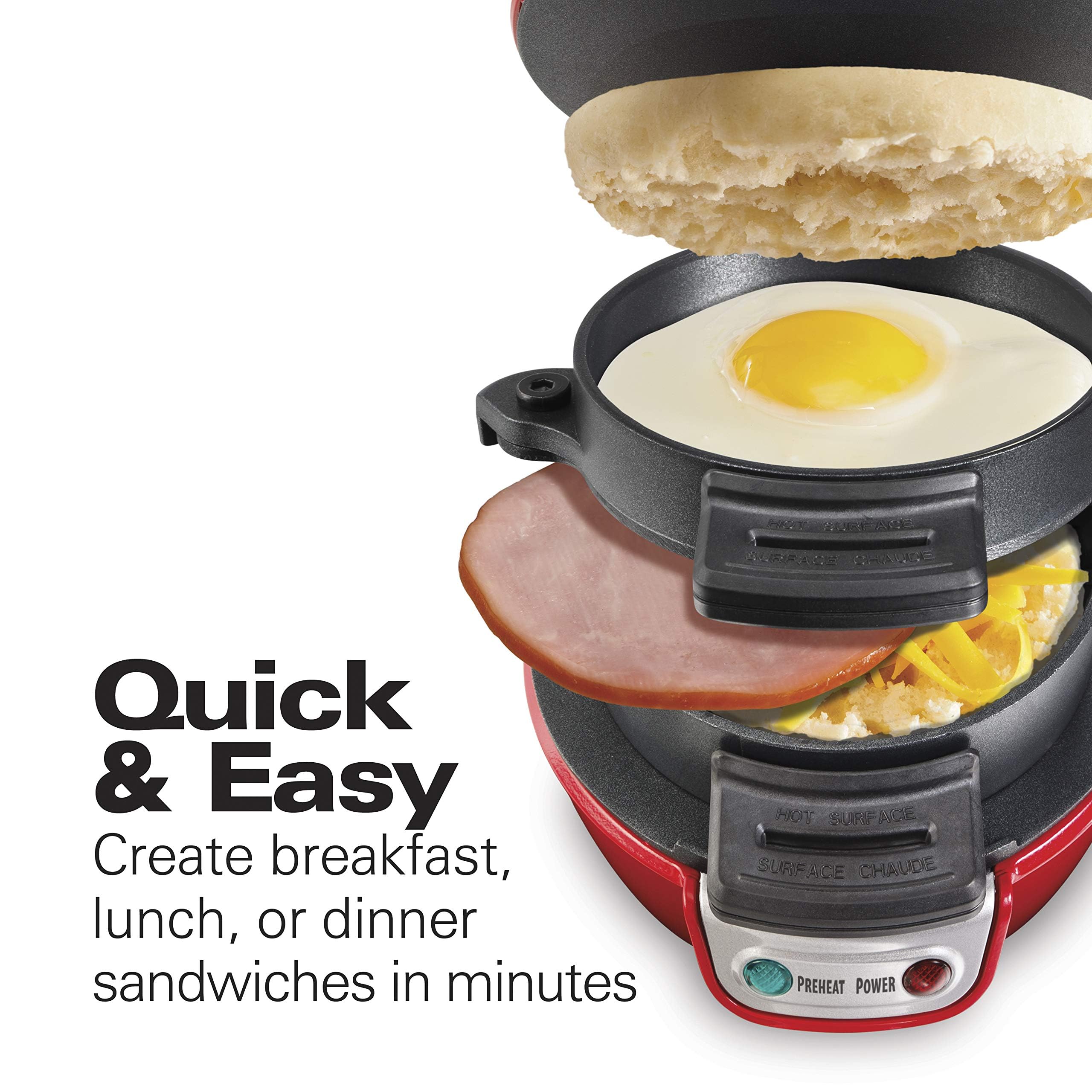 Hamilton Beach Breakfast Sandwich Maker with Egg Cooker Ring, Customize Ingredients, Perfect for English Muffins, Croissants, Mini Waffles, Perfect White Elephant Gifts, Red (25476)