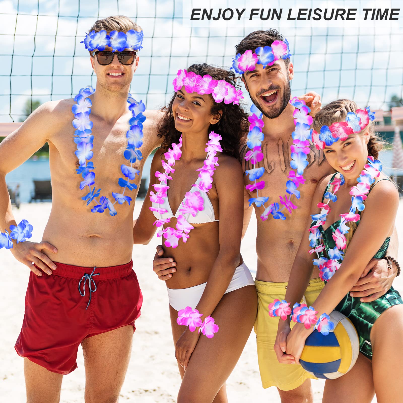 Grehge aiian Leis for Adults Assorted Styles 72 Hawaiian Flower Necklace 36 Leis Headband 72 Wristbands for Luau Party Decorations Hawaiian Party Supplies