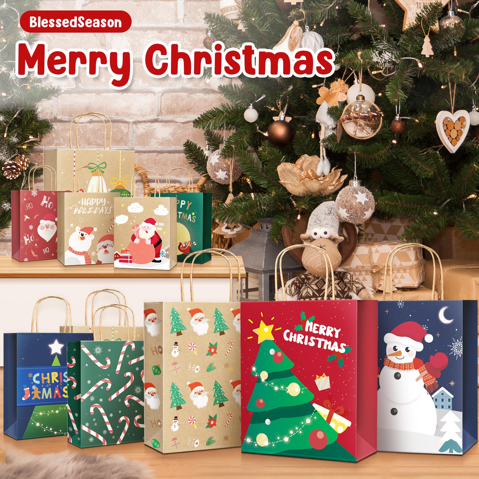 BlessedSeason 28 PCS Christmas Gift Bags with Handles, Reusable 14 Styles Kraft Gift Bags, Christmas Bags for Gifts with Christmas Prints for Holiday Paper Gift Bags (6 Large,10 Medium,12 Small)