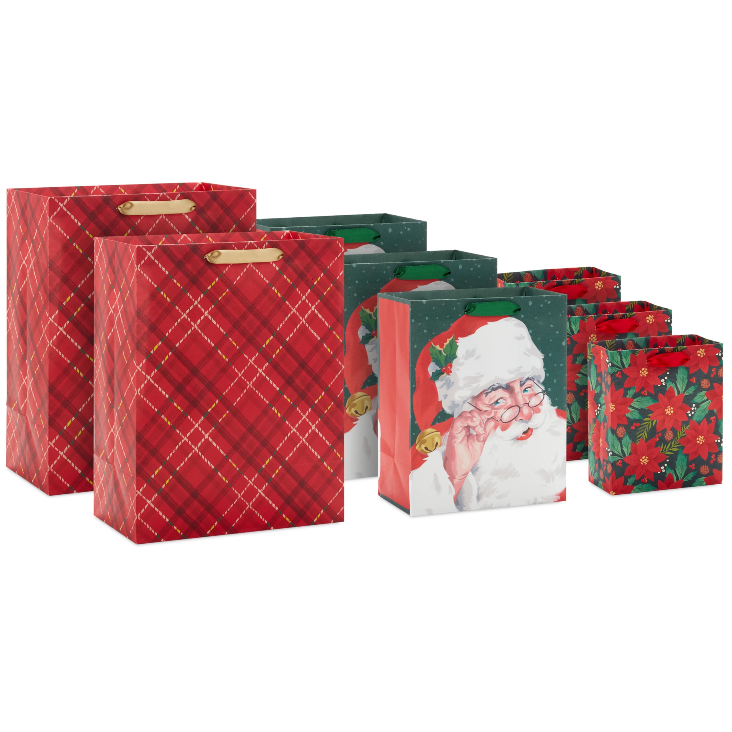 Hallmark Assorted Christmas Gift Bags (8 Bags: 3 Small 6", 3 Medium 9", 2 Large 13") Santa Claus, Red Plaid, Poinsettia Flowers