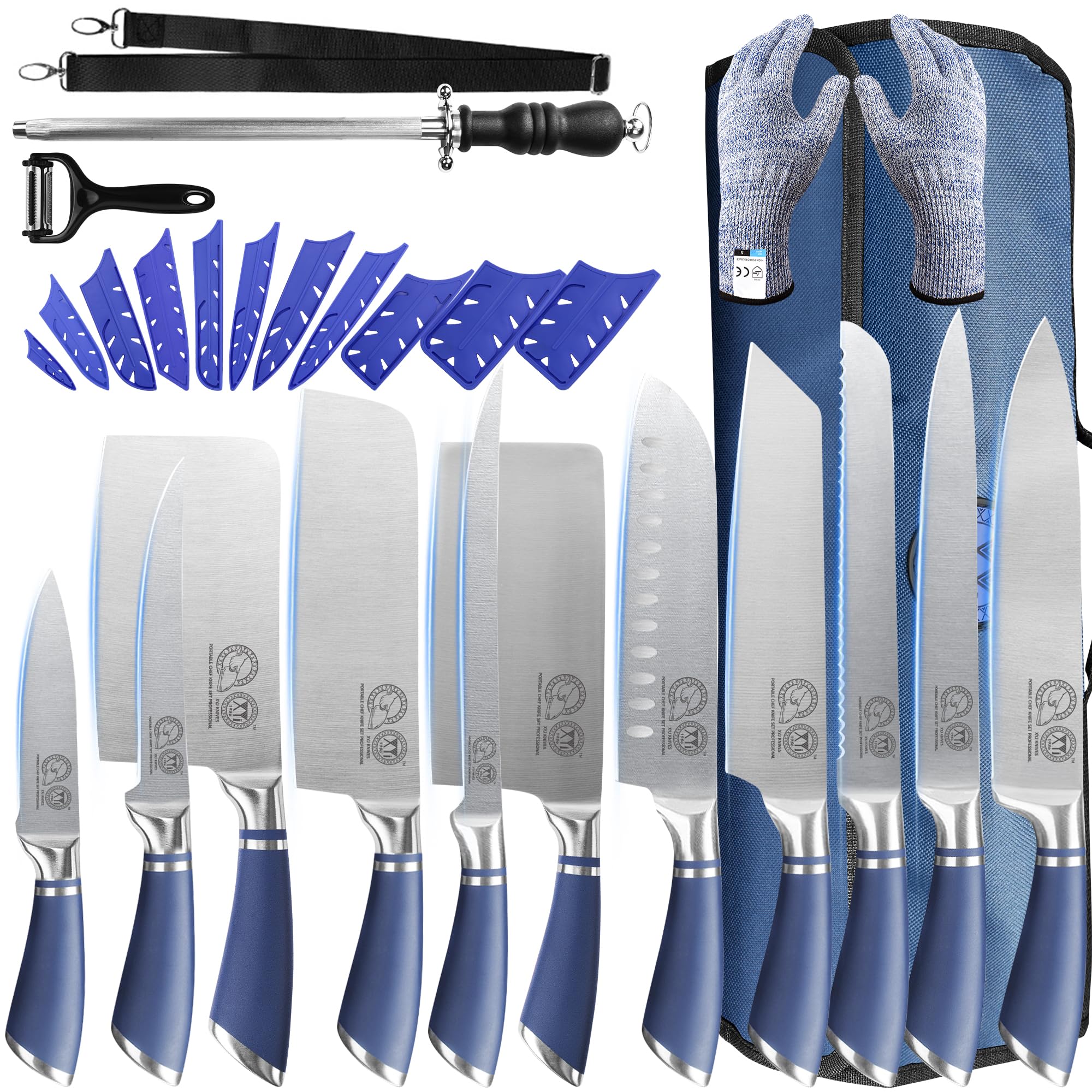 XYJ Knives,Professional Knife Sets for Master Chefs,11-pcs Chef Knife Set with Bag,Meat Cleaver Butcher for Camping