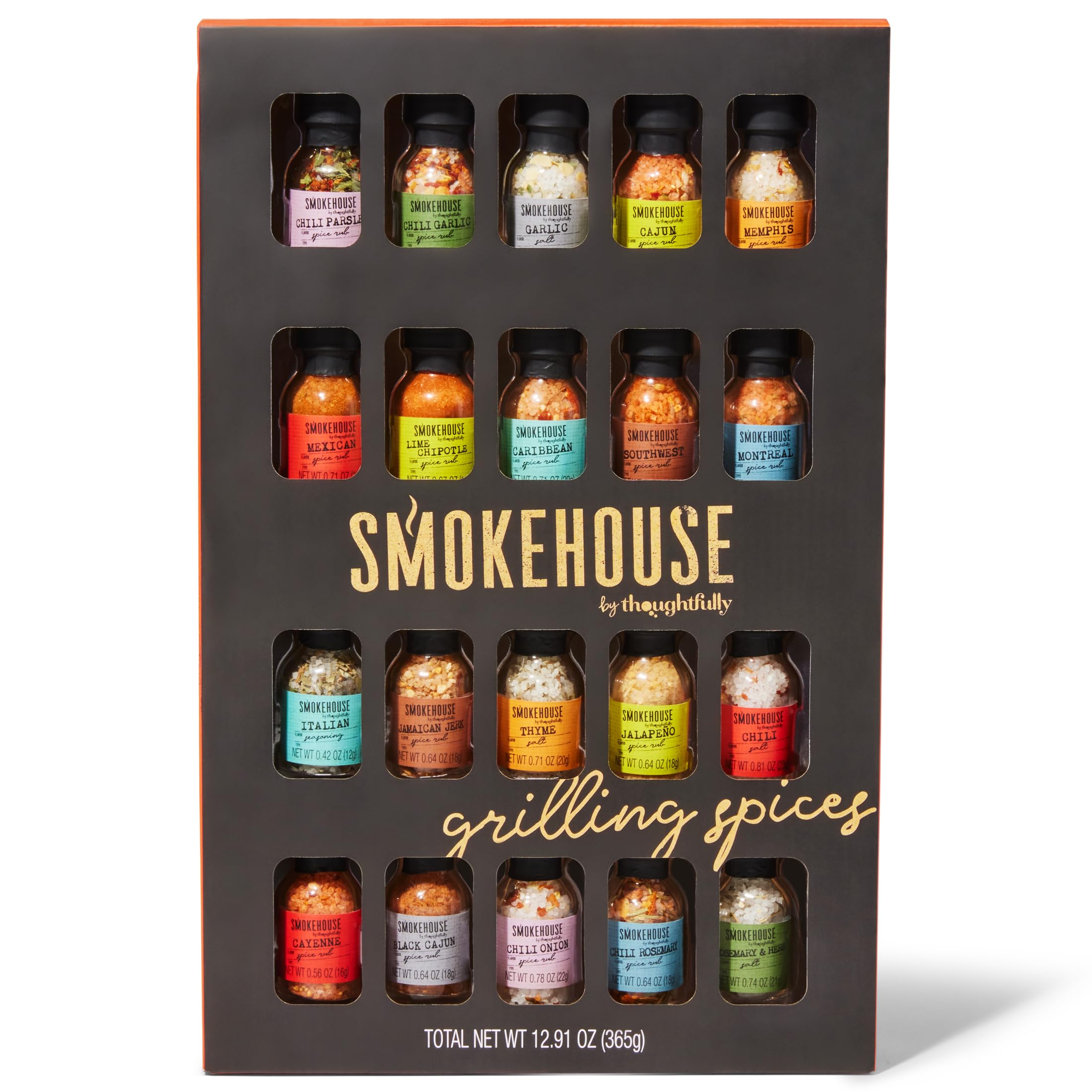 Smokehouse by Thoughtfully Ultimate Grilling Spice Set, Grill Seasoning Gift Set Flavors Include Chili Garlic, Rosemary and Herb, Lime Chipotle, Cajun Seasoning and More, Pack of 20