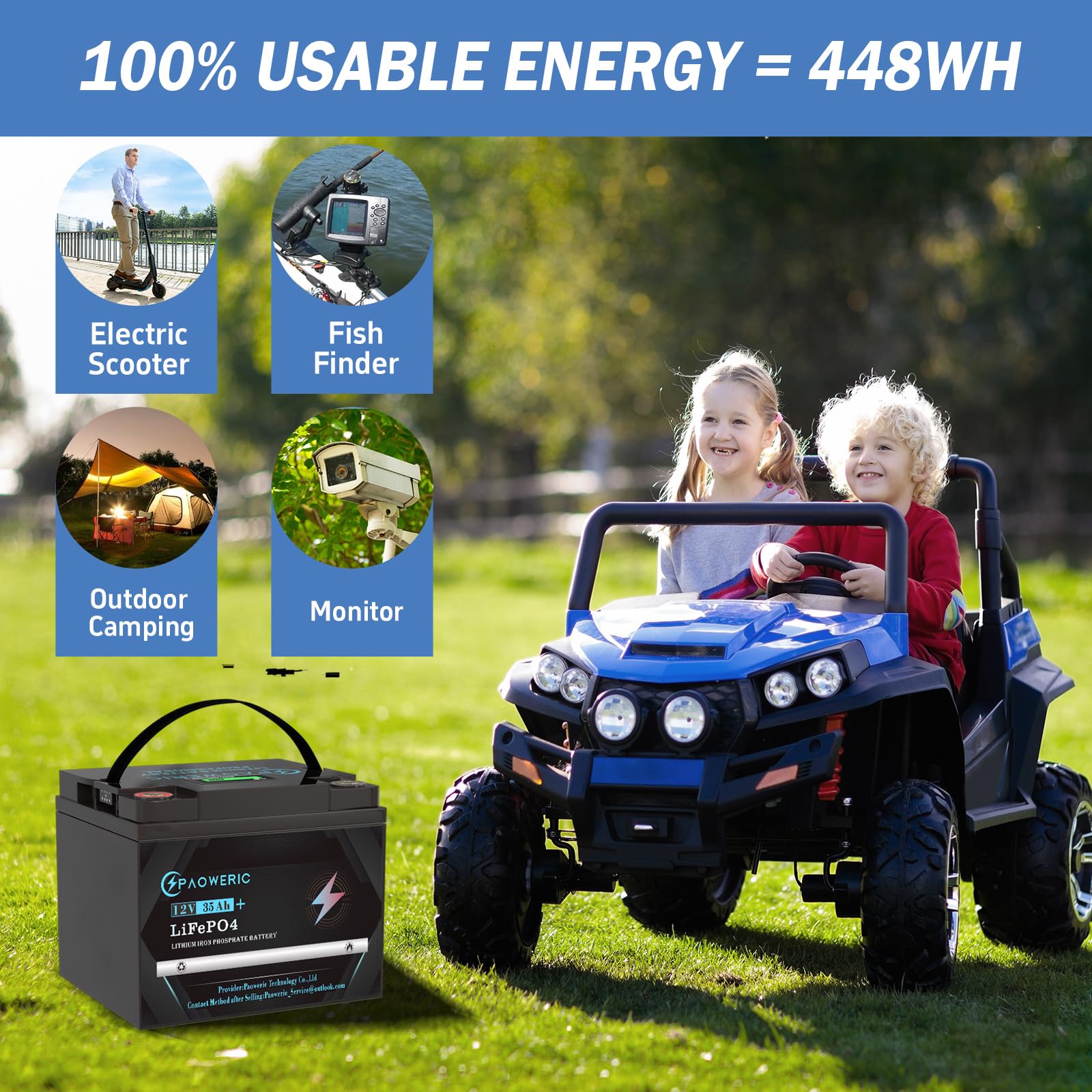 Paoweric 12V 35Ah LiFePO4 Battery with 20A BMS, Max. 256W Power,5000+ Deep Cycles, Mini Lithium Battery for Solar, Kids Scooters, Power Wheelchairs, Fish Finder, Emergency Light, Outdoor Camping