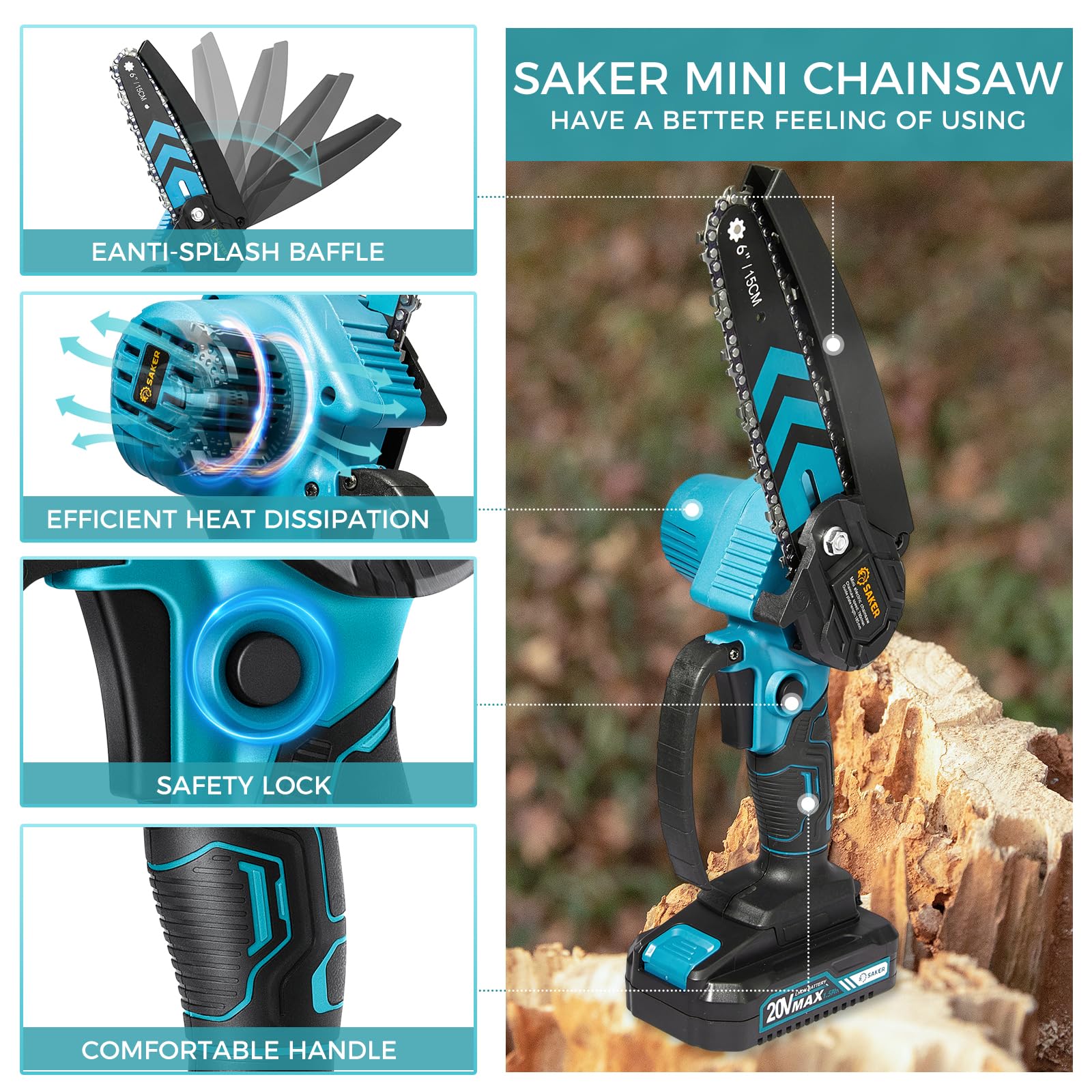 Saker Mini Chainsaw,6 Inch Portable Electric Chainsaw Cordless, Small Handheld Chain saw for Tree Branches,Courtyard, Household and Garden,By 2PCS 20V 1500mAh Batteries,Extra 3 PCS Chain