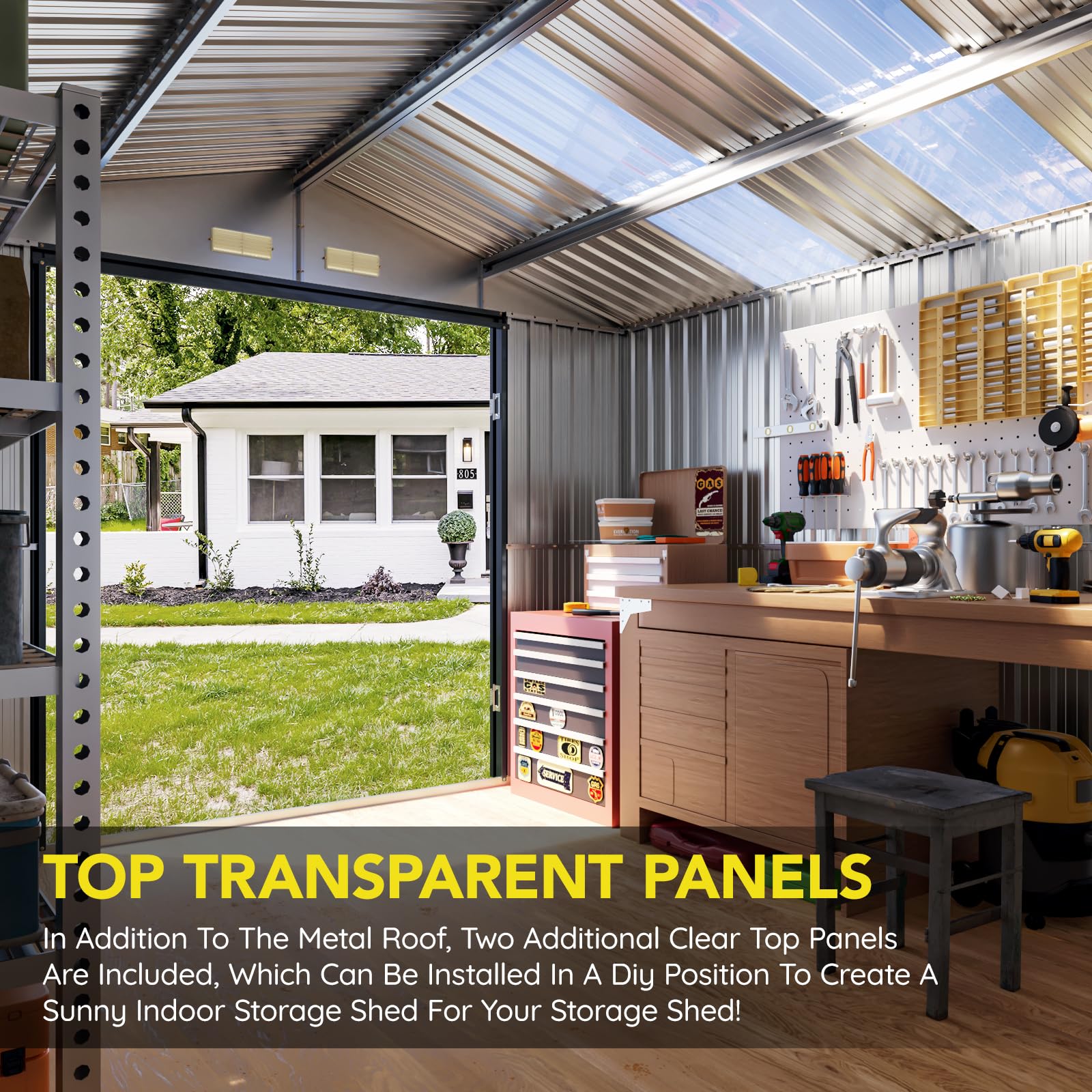 Grovellis 10x12 FT Outdoor Metal Storage Shed, Double Swing Doors, 2 Clear Windows, Replaceable Skylight Roof Panel, Tool Shed for Garden, Patio, Backyard