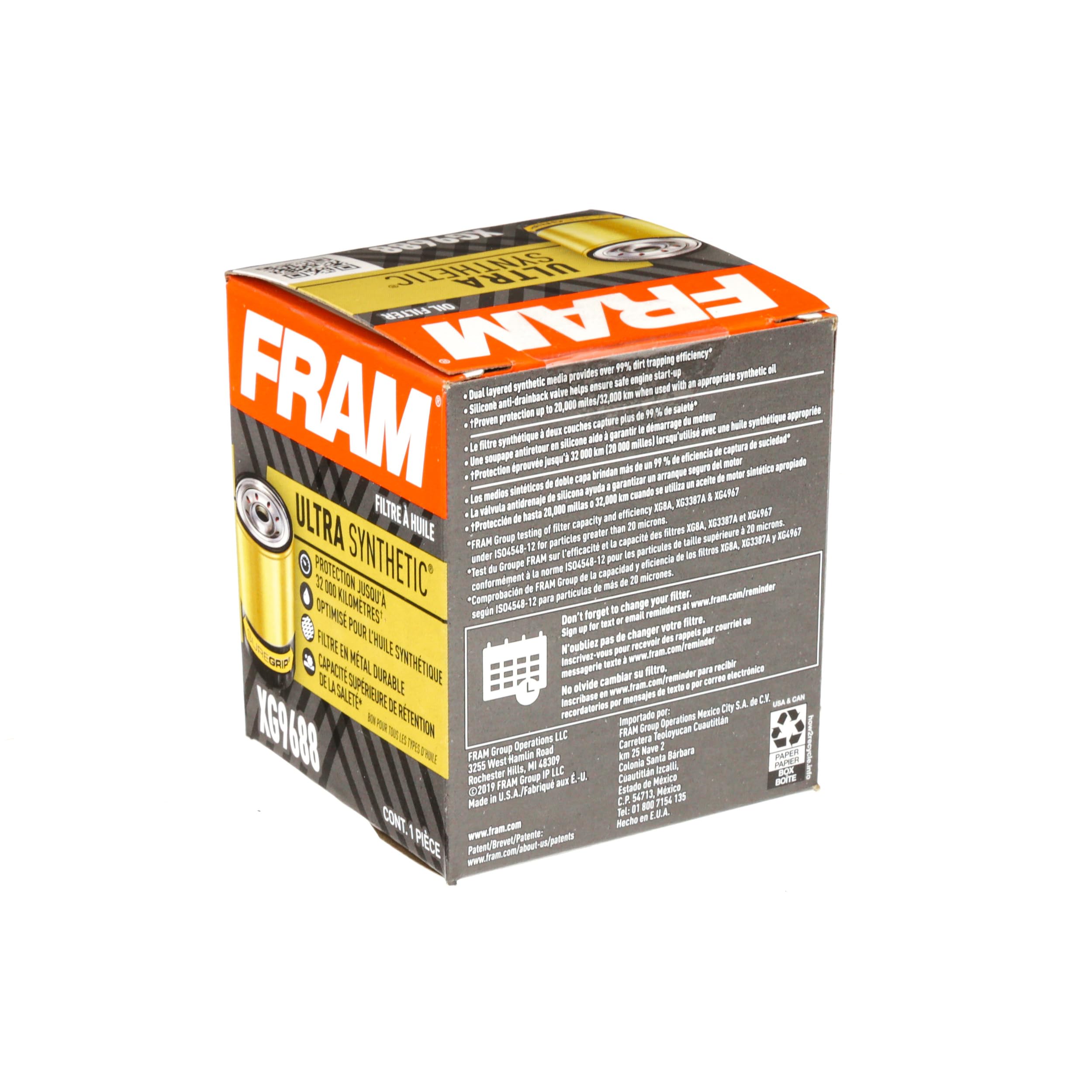 FRAM Ultra Synthetic Automotive Replacement Oil Filter, Designed for Synthetic Oil Changes Lasting up to 20k Miles, XG9688 with SureGrip (Pack of 1)