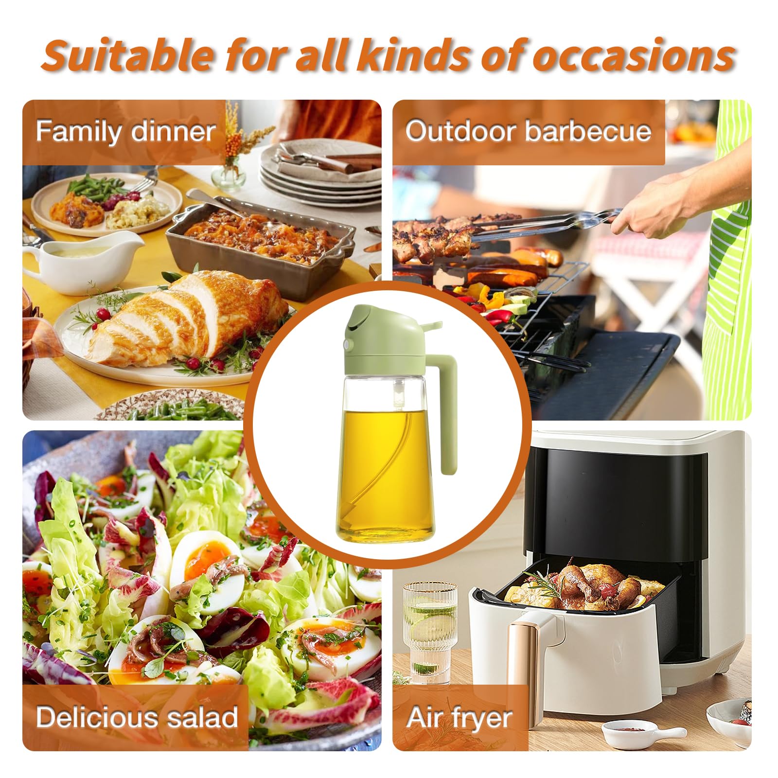 YARRAMATE Olive Oil Dispenser Bottle for Kitchen，2 in 1 Oil Sprayer for Cooking, 16oz/470ml Glass Oil Spray Bottle with Pourer, Food-grade Oil Mister for Air Fryer, Salad, Frying, BBQ (Green)