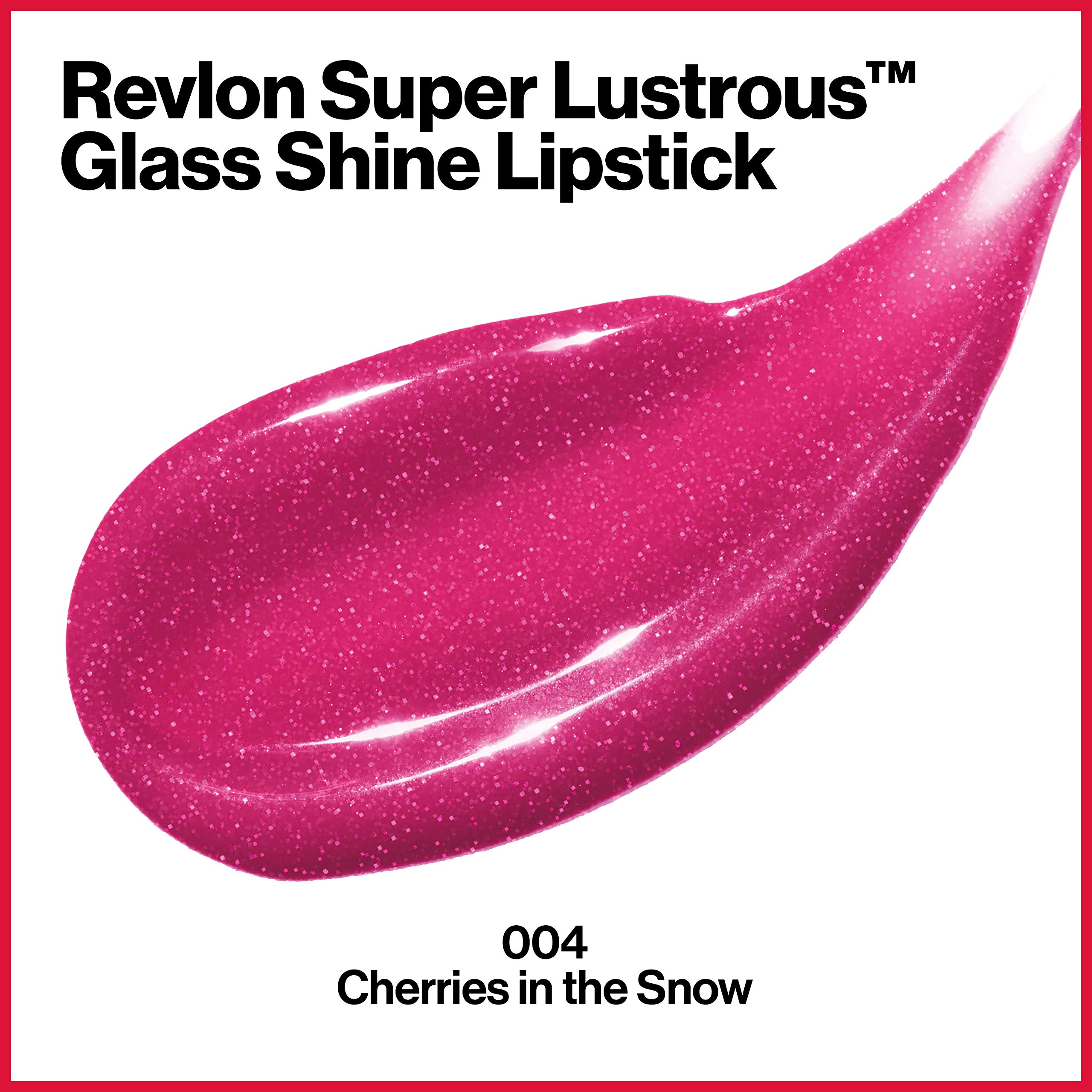 Revlon Lipstick, Super Lustrous Glass Shine Lipstick, High Shine Lipcolor with Moisturizing Creamy Formula, Infused with Hyaluronic Acid, Aloe and Rose Quartz, 004 Cherries in the Snow, 0.15 Oz