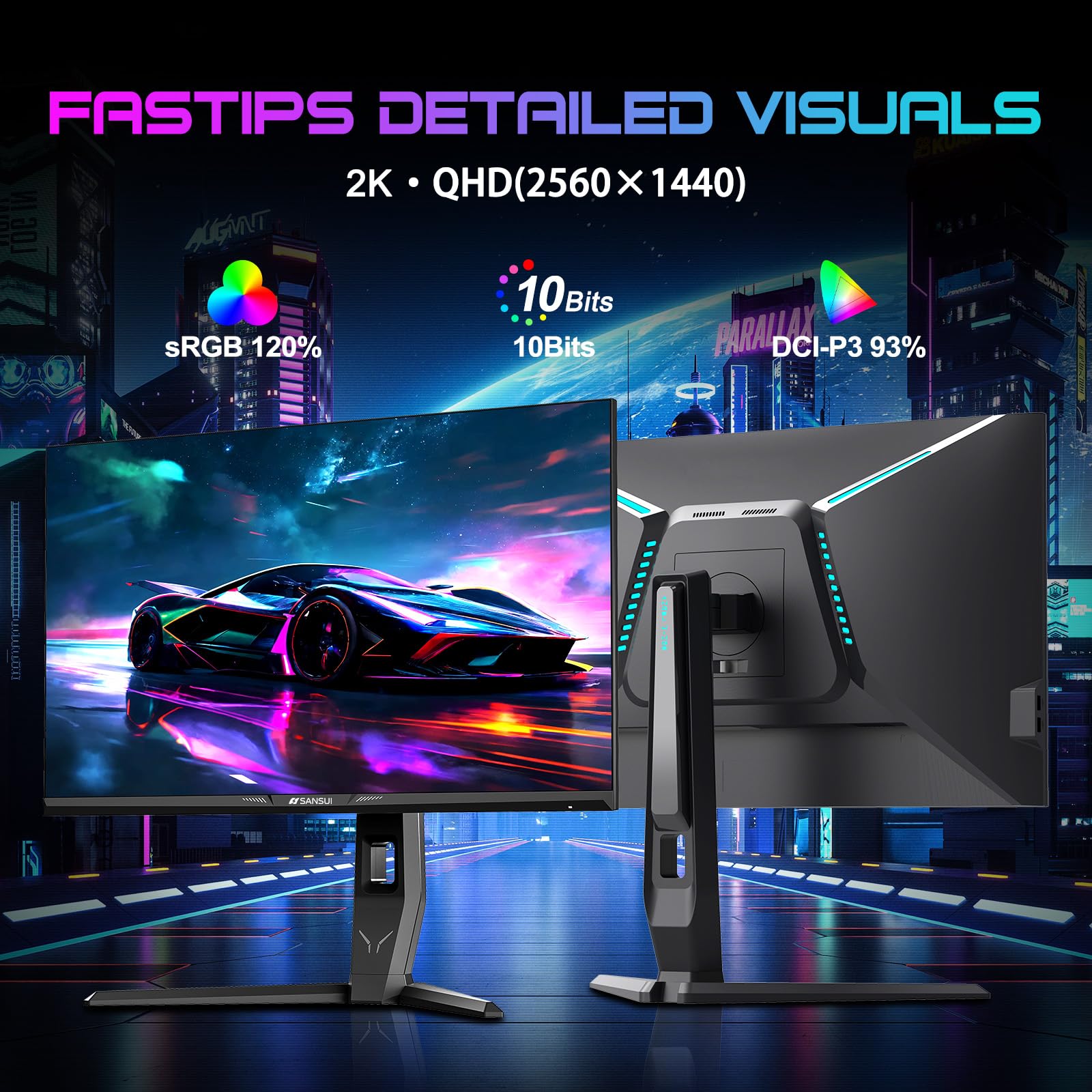 SANSUI 27 inch WQHD Gaming Monitor 1440P 180Hz AMD FreeSync 1ms DCI-P3 93% Fast IPS Computer Monitor,Height Adjustable Vertical/Horizontal Rotating 2×DisplayPort/HDMI 丨HDR丨Low Motion Blur 丨Speakers