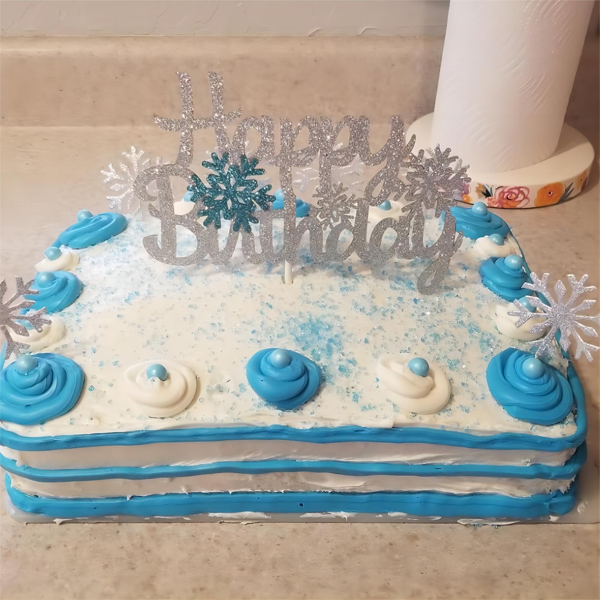 PartyWoo Frozen Cake Toppers, 20 pcs Snowflakes Cupcake Topper Set, Glitter Silver and Blue for Frozen Cake Winter Wonderland Birthday Party Decorations