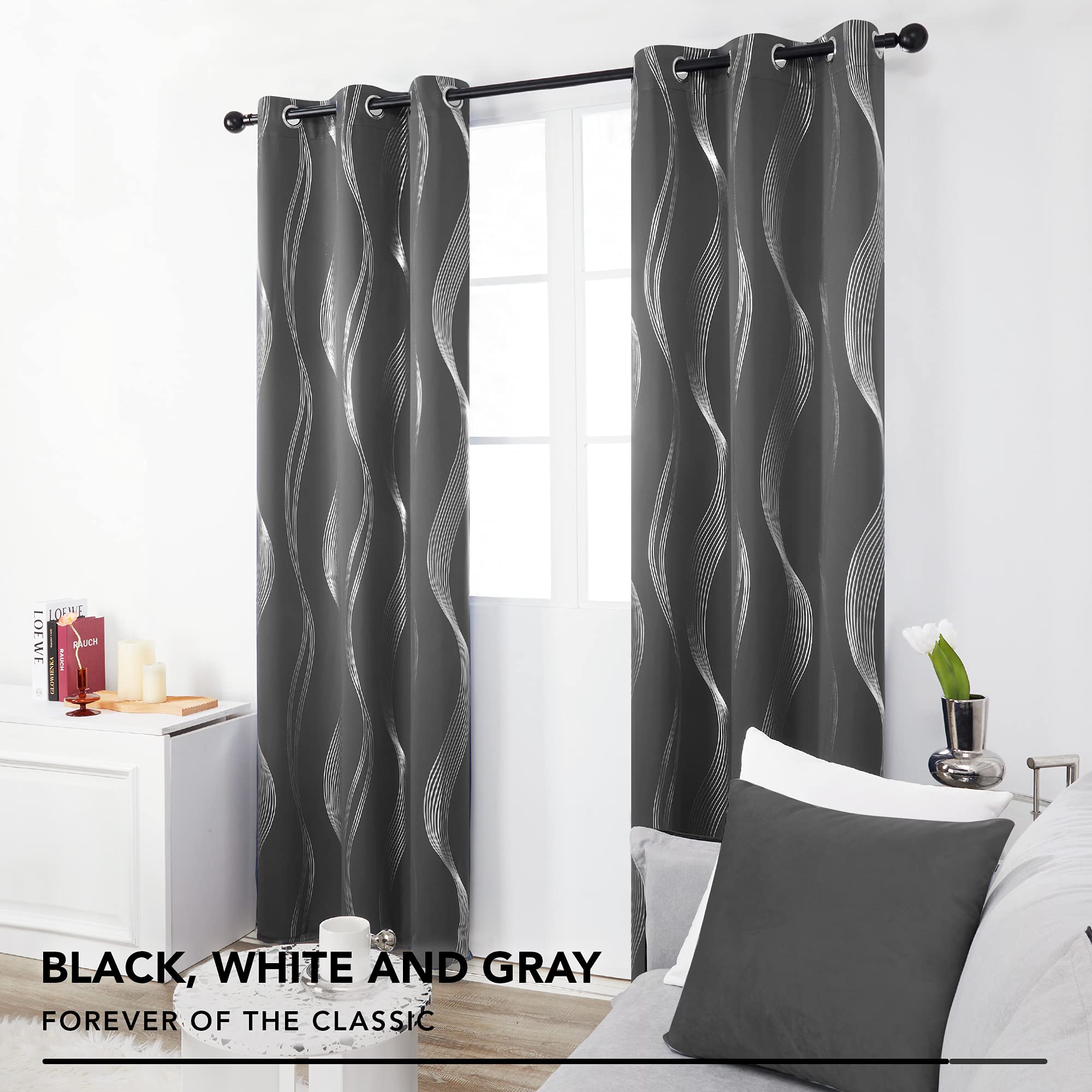 Deconovo Foil Print Wave Striped Blackout Curtains, Room Darkening Grommet Window Curtains, Curtains for Bedroom, 42x95 Inch, Set of 2, Dark Grey