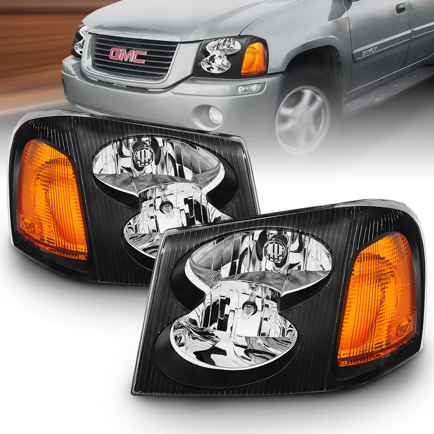 AmeriLite Black Replacement Headlights Set For GMC Envoy - Passenger and Driver Side with Hi/Lo Beam Bulbs