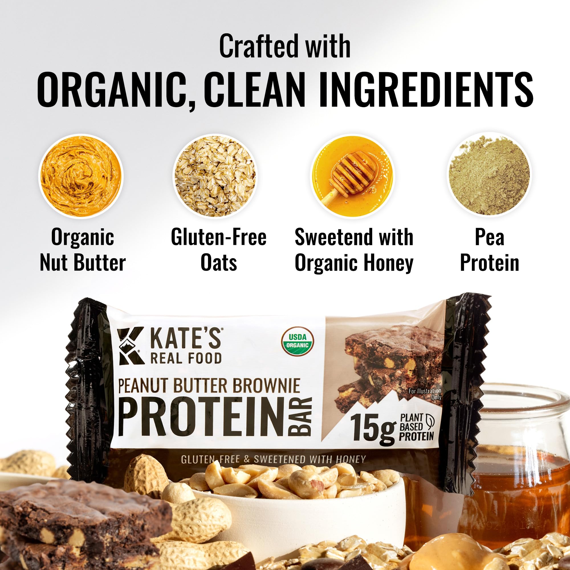 Kate’s Real Food Organic Protein Bars – (Peanut Butter Brownie, 2.2 oz, Pack of 12) – Plant Based Protein Bars - Gluten Free, Soy Free, Non GMO, Whole Grains, and All Natural