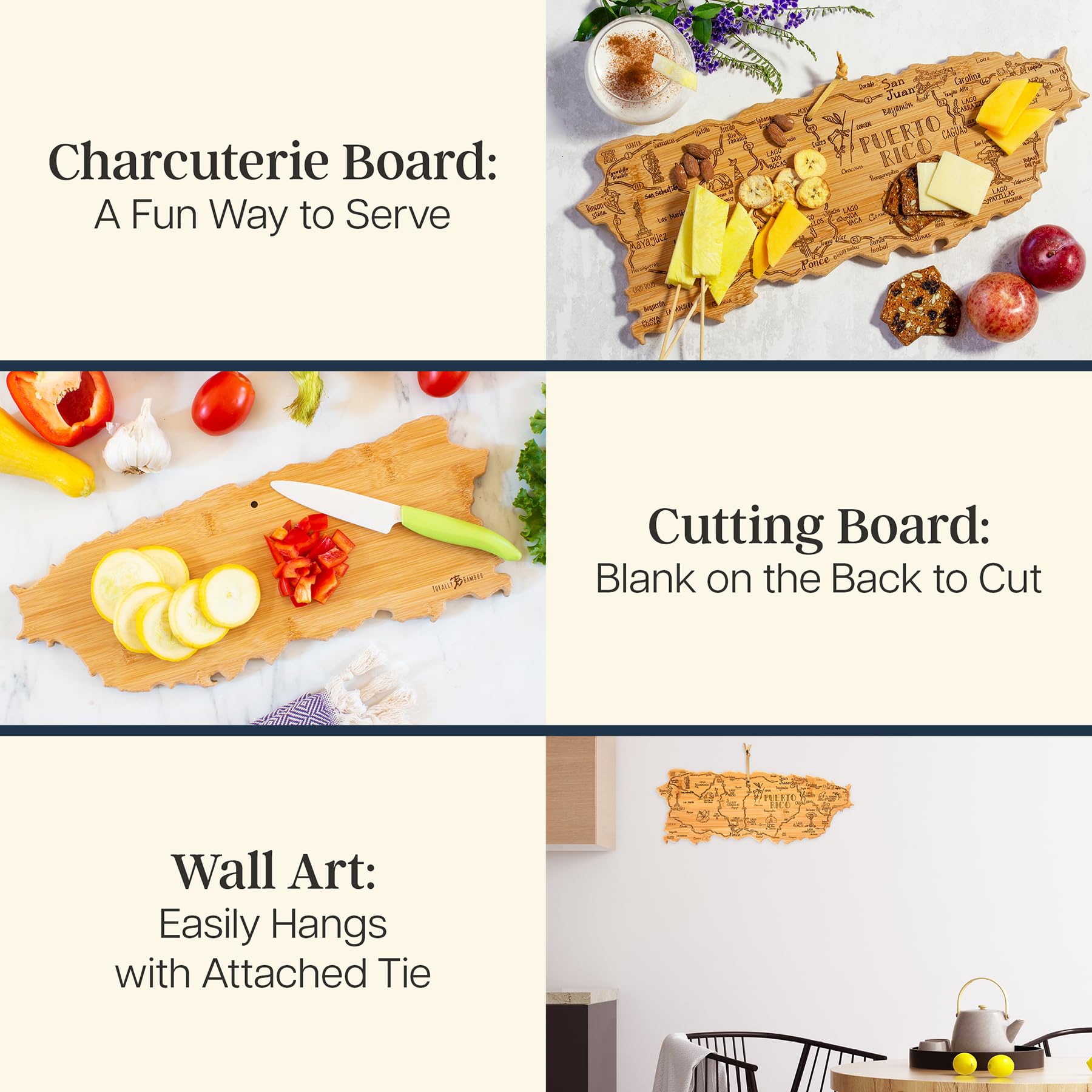 Totally Bamboo Destination Puerto Rico Cutting Board, Charcuterie & Serving Board | Laser Engraved Bamboo Map with Hang Tie for Wall Art | Puerto Rican Kitchen Gift & Decor