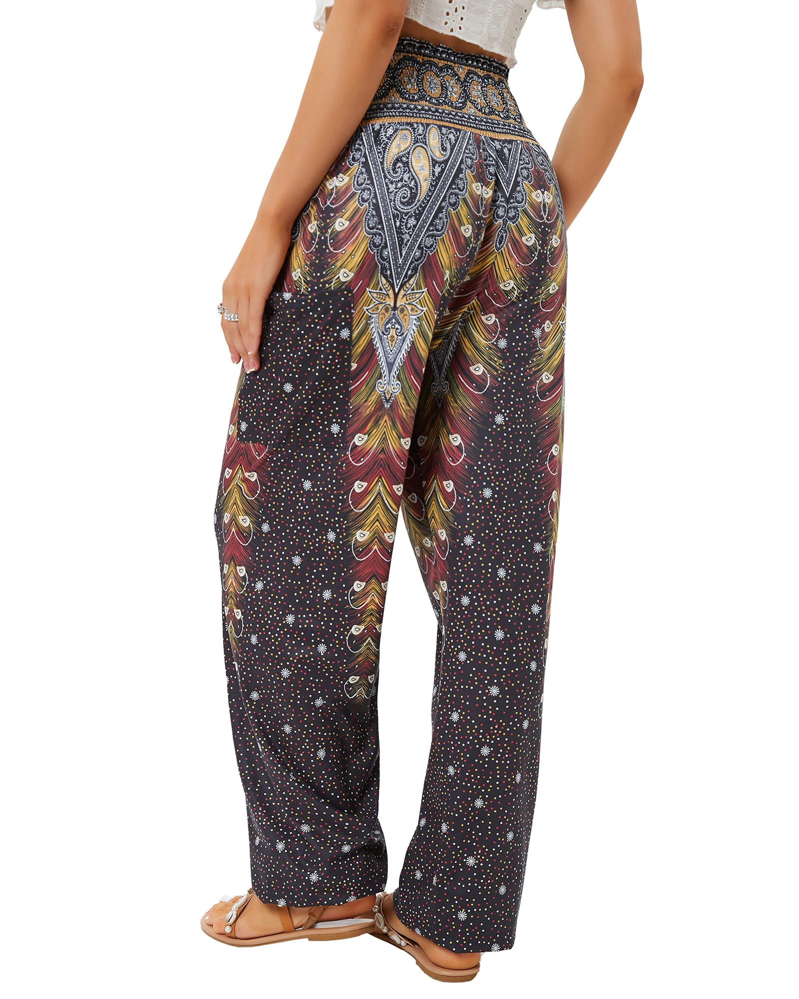 QIANXIZHAN Women's Harem Pants, High Waist Yoga Boho Trousers with Pockets Black Flower S