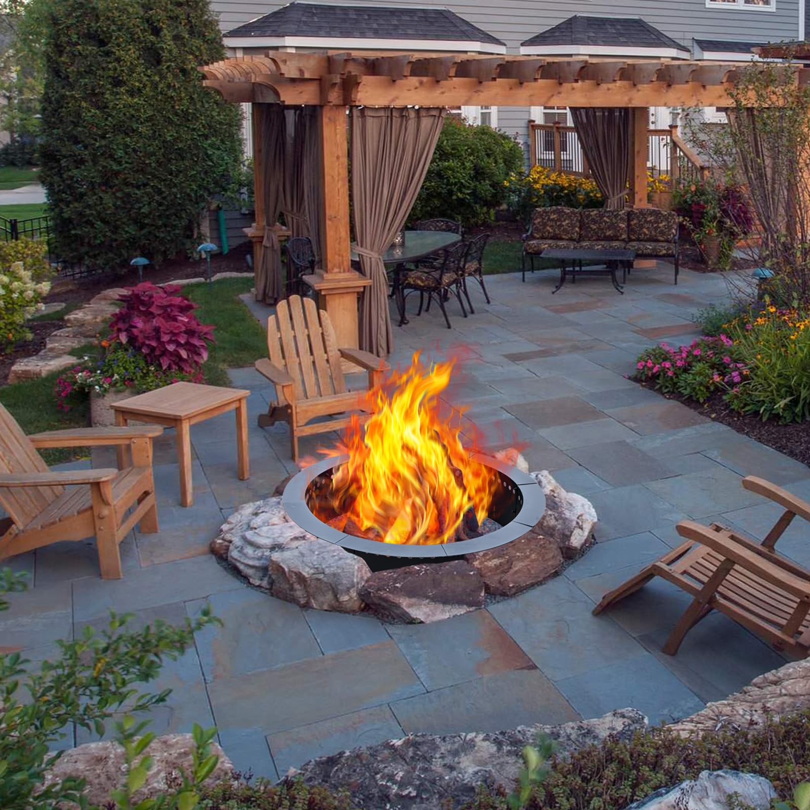 Grovellis 36 inch Outdoor Fire Pit Liner, Round Heavy Duty Fire Pits, Rim Insert Firepit for Outside, DIY Campfire Fireplace