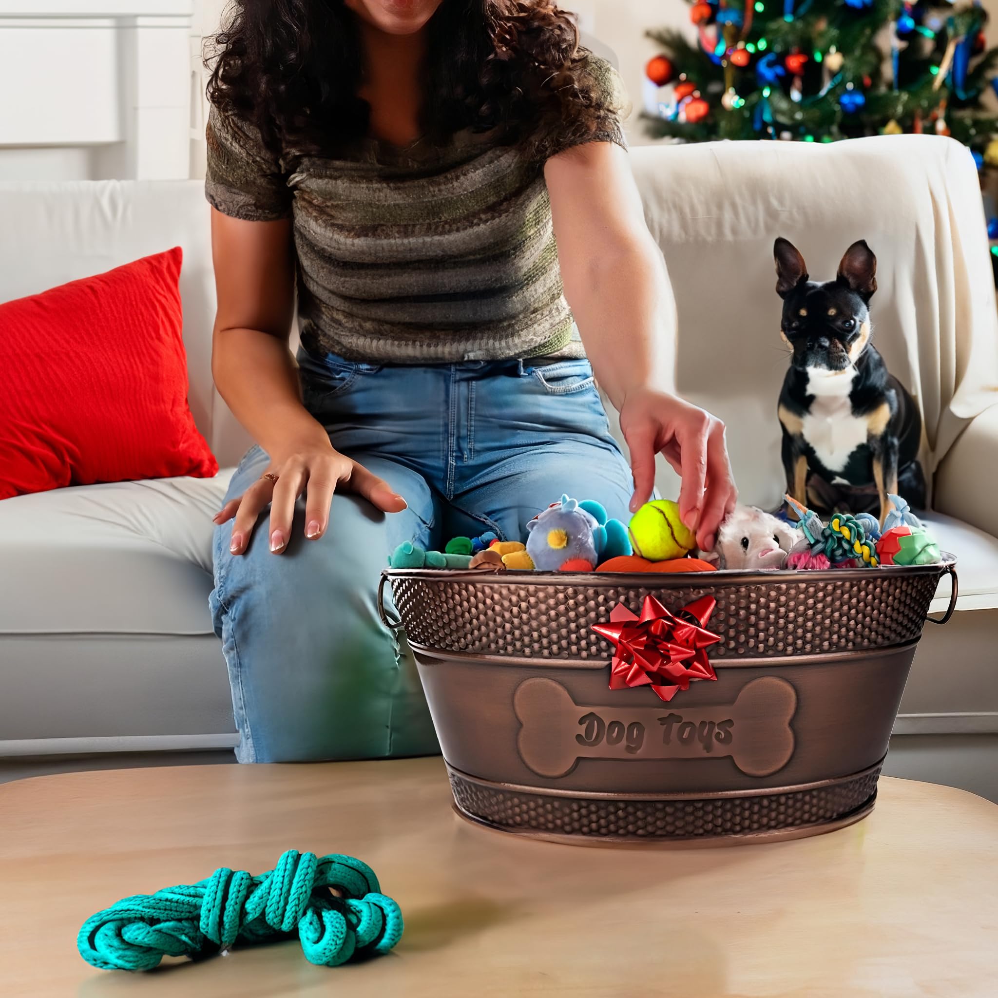 Indestructible Metal Dog Toy Bin - Copper Galvanized Storage Bin with Handles, Dog Toy Box for Dog Chew Toys, Blankets, & Leashes, Dog Bone Design Pet Toy Box (15-Quart)