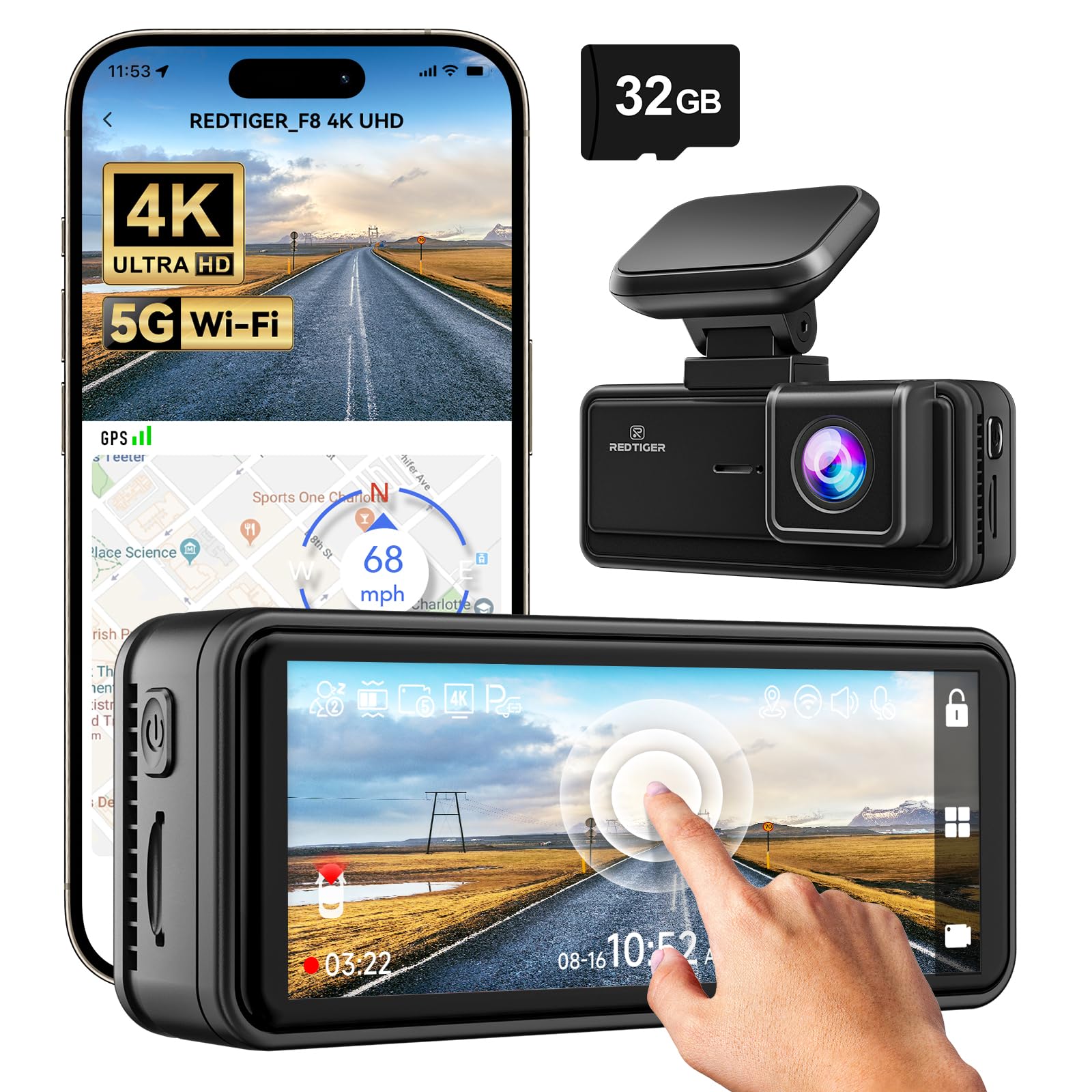 REDTIGER 4K Dash Cam Front, 5G Wi-Fi App Control, 3.18'' Touch Screen Dash Camera for Cars, 2160P UHD Night Vision, 32GB Card Included, 160° Wide Angle, Built-in GPS, Parking Mode, Loop Rcording (F8)