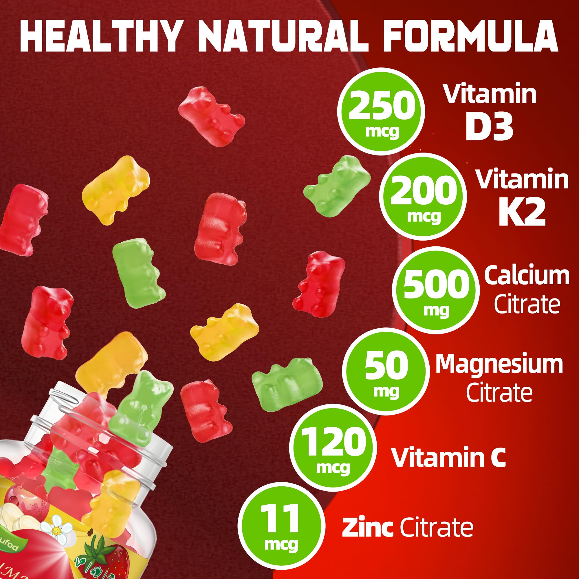 Wekannufod Sugar-Free Vitamin D3 K2 Gummies with Calcium + K2 (MK-7), Magnesium Citrate, Vitamin C, Extra Strength - Ultimate Absorption for Bone Muscle Teeth Immune, Vegan - 60 Gummies