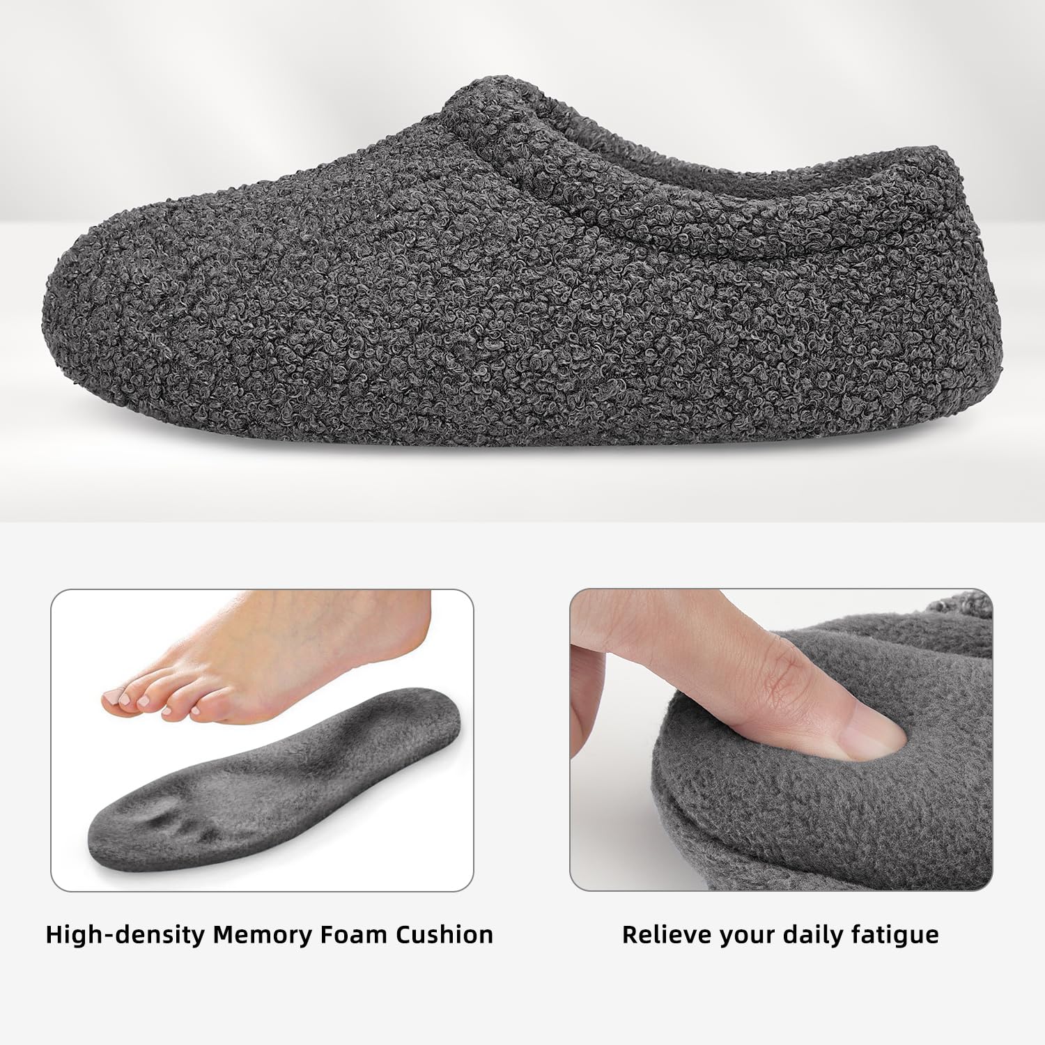 Homitem Slippers for Women Indoor Fuzzy Womens Mens Slippers Bedroom House Shoes with Memory Foam Curly Fleece for Indoor Outdoor (Size 9-10, Grey