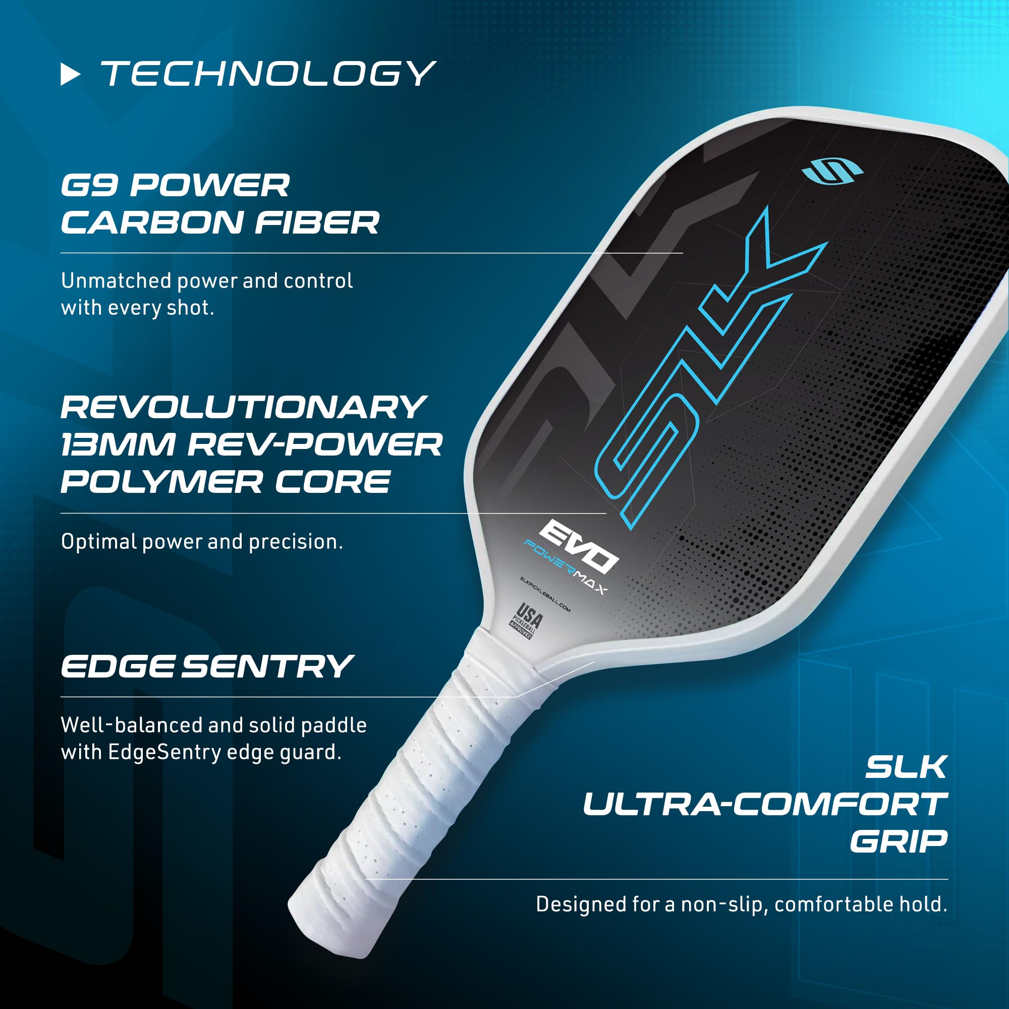 SLK Evo Power MAX Pickleball Paddle by Selkirk Sport | G9 Power Carbon Fiber Pickleball Paddle with SpinFlex Surface and Rev-Hybrid Polymer Core | Blue