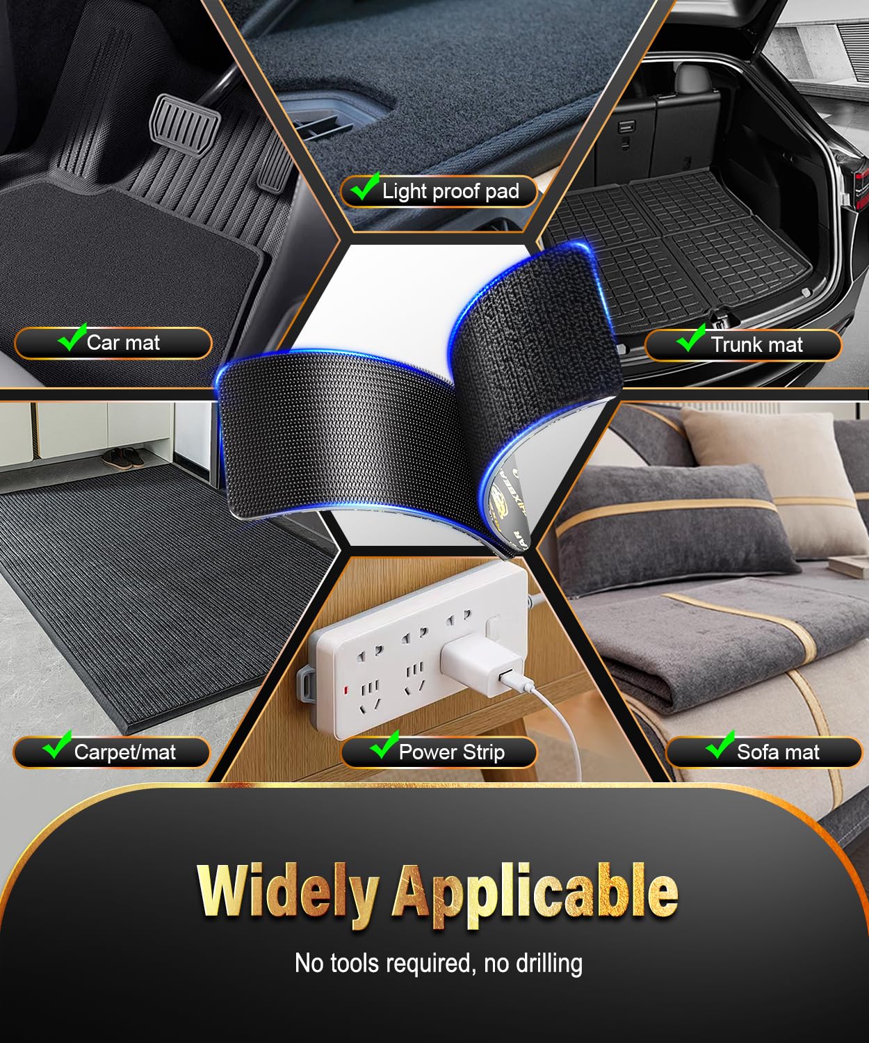 PHIXBEAR 12 Sets Hook and Loop Strips with Super Adhesive Heavy Duty, 3.6"x2"/3.15"x1.18"/ 2" Double-Sided Adhesive Strip, Heat Resistant Waterproof, Car Mats Outdoor or Indoor Use