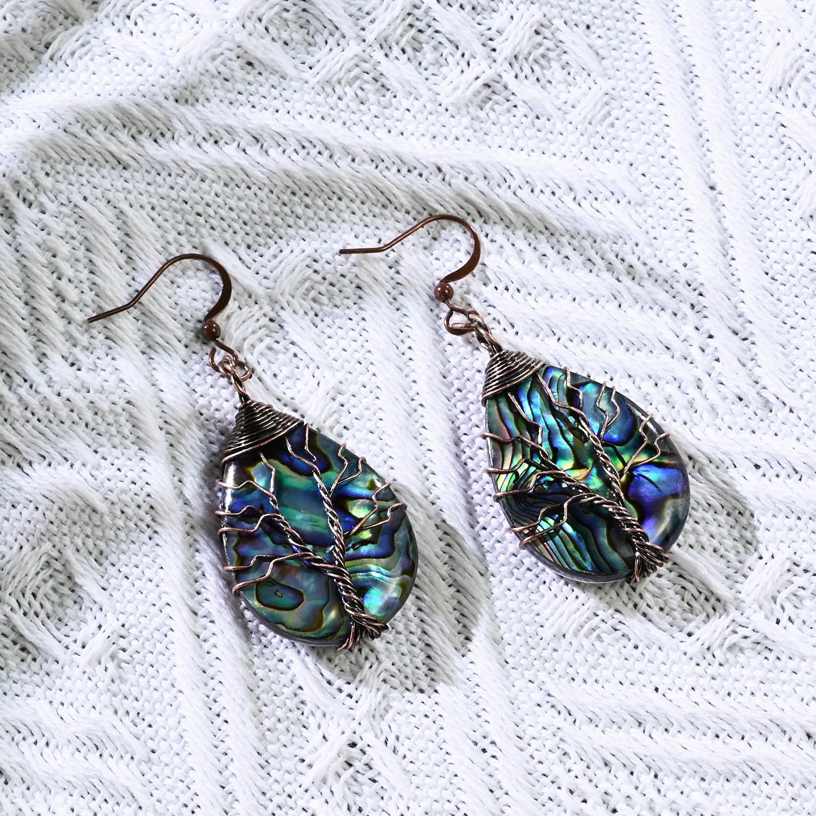 Sea Abalone Shell Handmade Earrings Tree of Life Wrapped Dangle Earrings Teardrop Earrings Vintage Celtic Earrings for Women Fashion Trendy