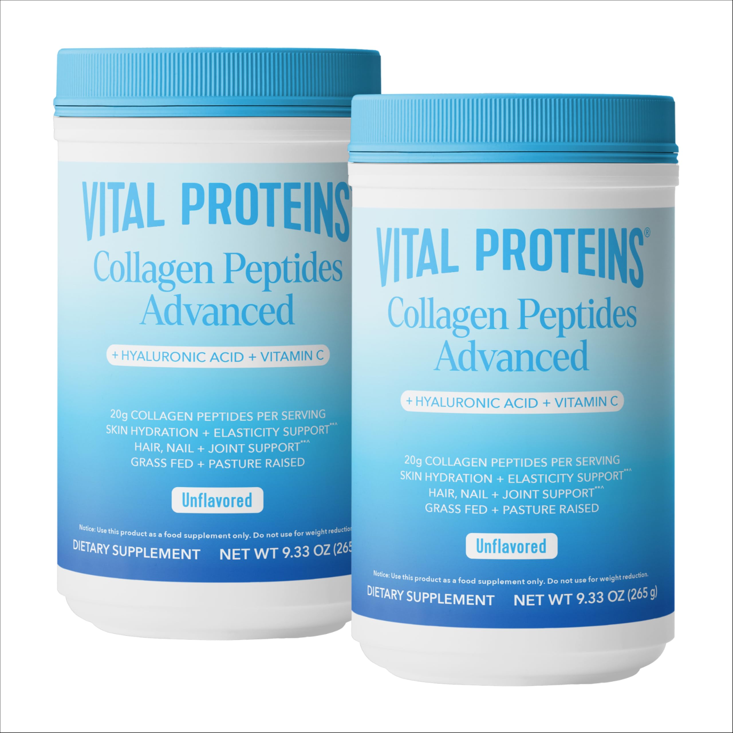 Vital Proteins Collagen Peptides with Hyaluronic Acid and Vitamin C, Shrink-Wrapped 9.33oz Bundle, Hydrolyzed Collagen - 20g per Serving - Unflavored + HAVC 9.33oz Canister Pack of 2