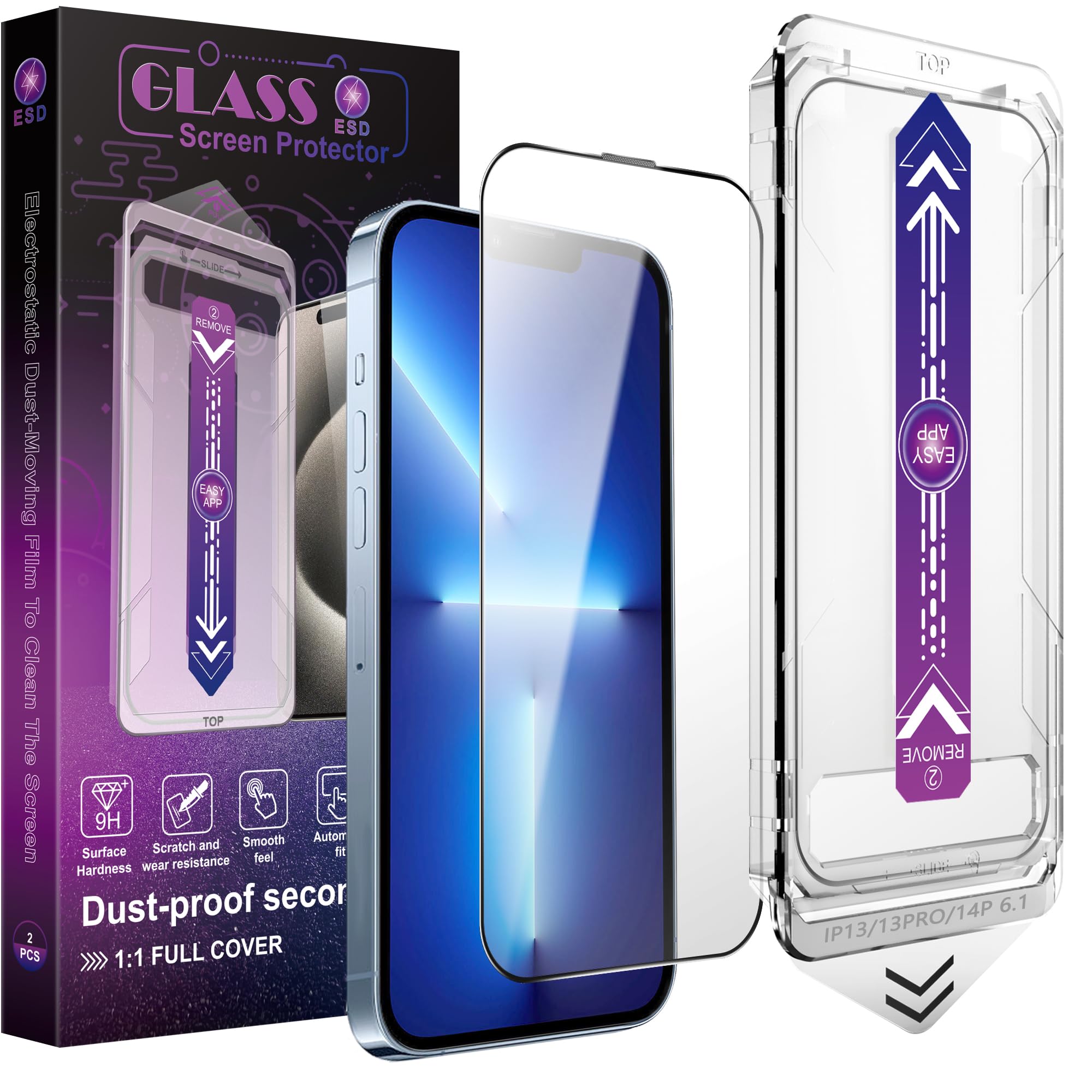 CHISHA 2-Pack Screen Protector Tempered Glass for iPhone 14 and iPhone 13 and iPhone 13 Pro 6.1-Inch, Auto Dust Removal, No Bubbles, High Definition Clear, Easy Installation