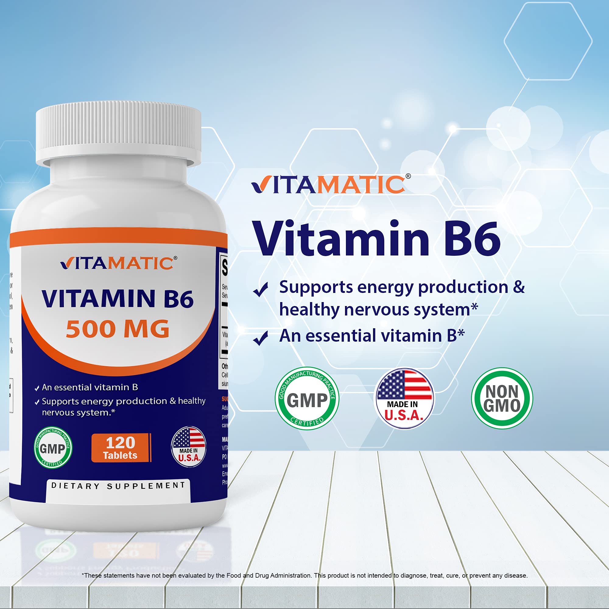 Vitamatic Vitamin B6 (Pyridoxine HCI), 500 mg 120 Vegetarian Tablets - Promotes energy production, boosts metabolism and immune health support