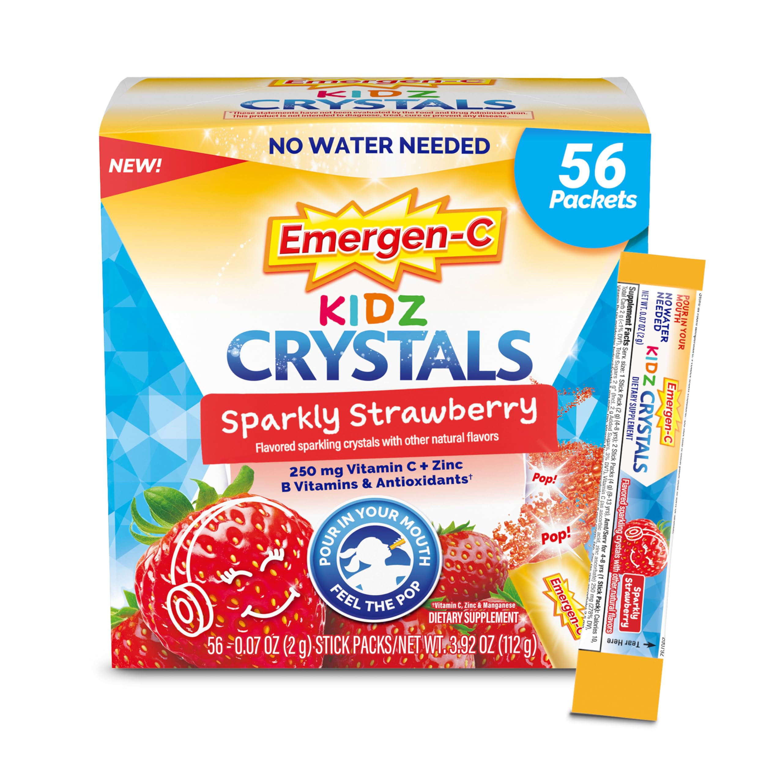 Emergen-C Kidz Crystals, On-the-Go Emergen-C Immune Support Supplement with Vitamin C, B Vitamins, Zinc and Manganese, Sparkly Strawberry - 56 Stick Packs