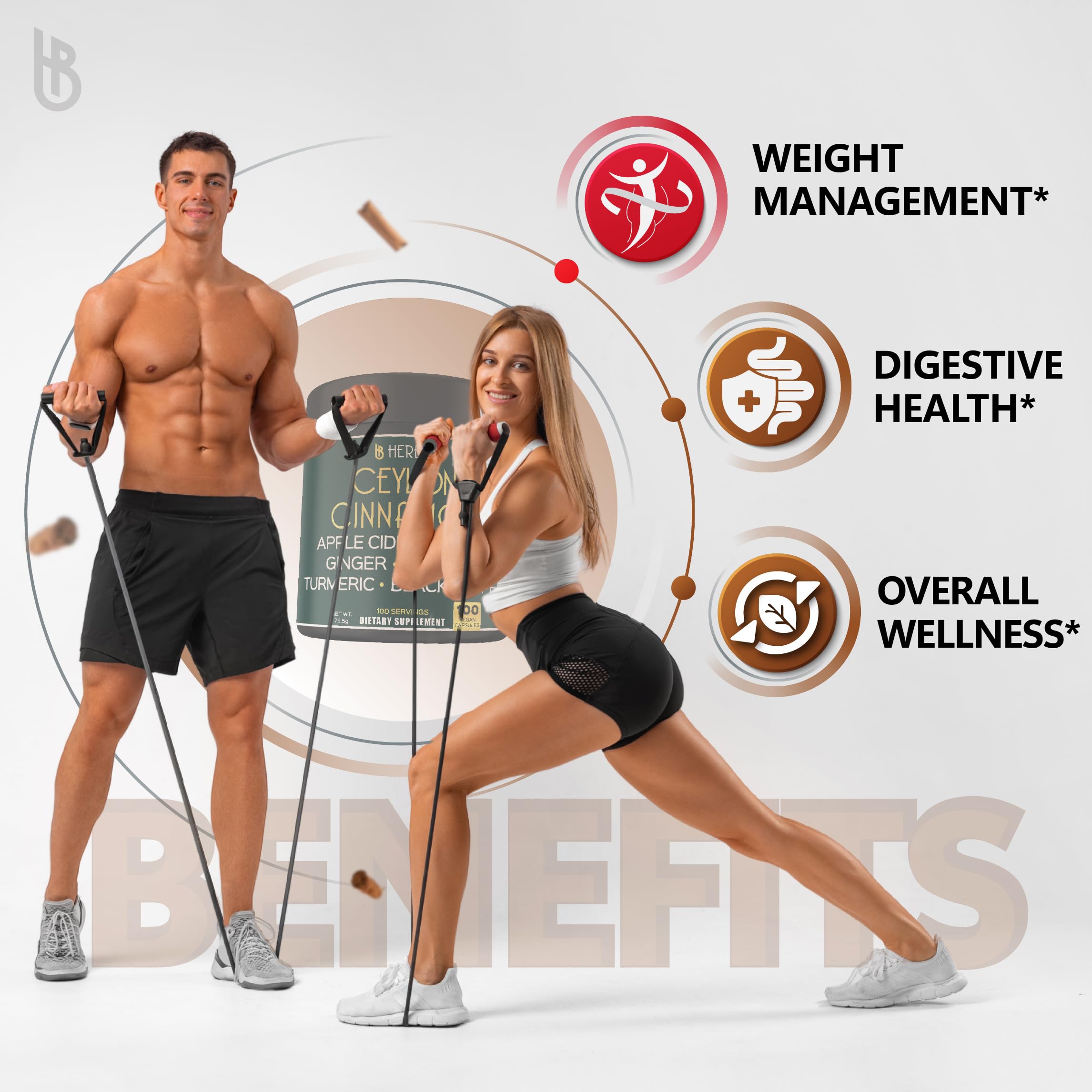 Herbpy 6in1 Premium Ceylon Cinnamon Supplement Plus Apple Cider Vinegar, Turmeric, Ginger, Ginseng - Weight Management, Digestion - 100 Vegan Capsules