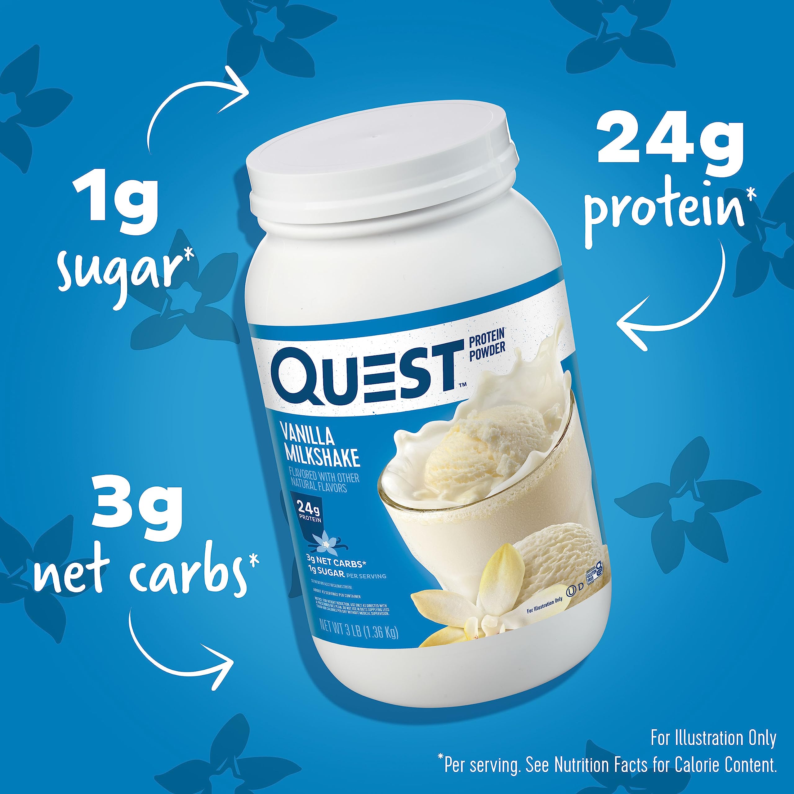 Quest Nutrition Vanilla Milkshake Protein Powder, 24g of Protein, 1g of Sugar, Low Carb, Gluten Free, 3 Pound, 43 servings