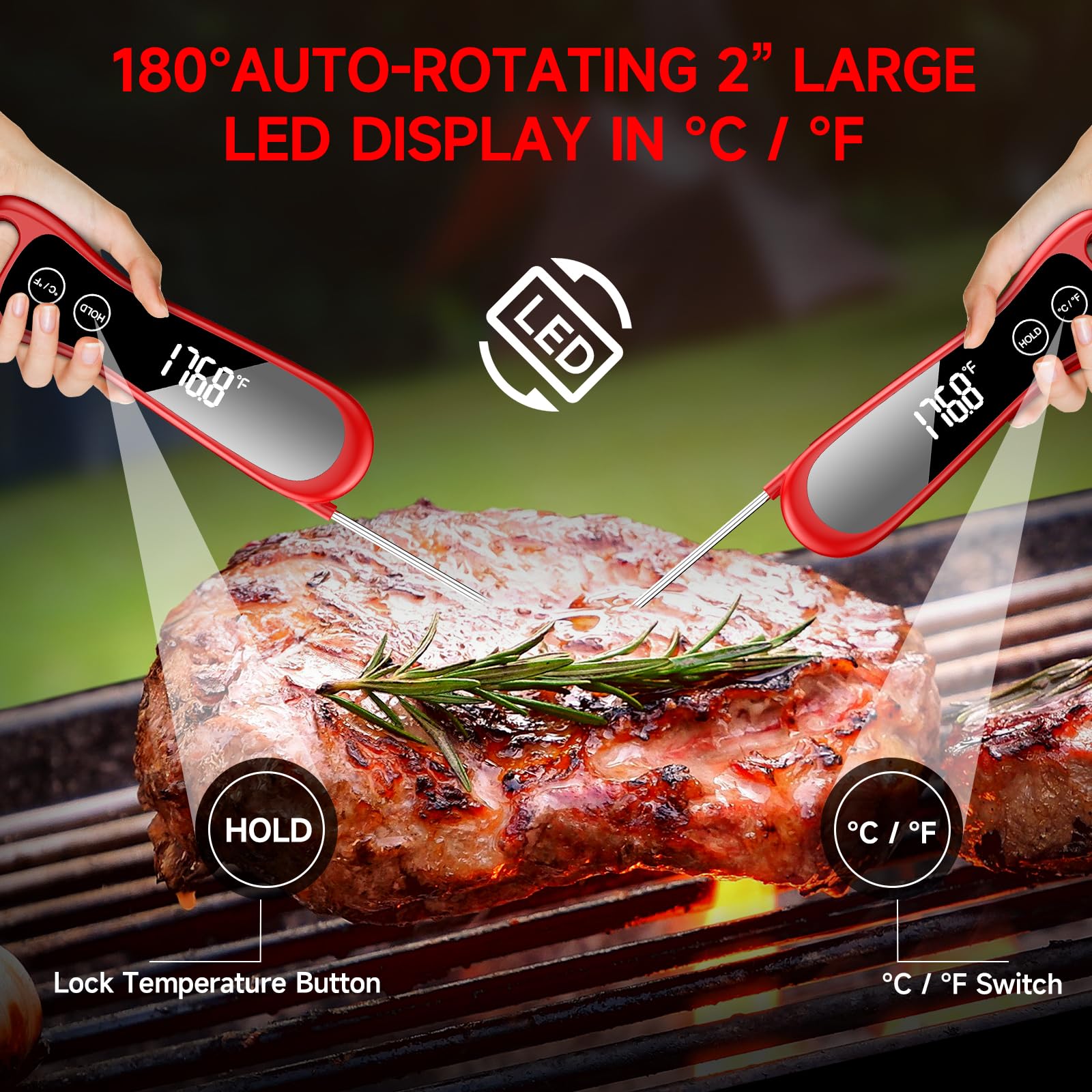 2024 Newest Meat Thermometer Digital-1 Second Instant Read Food Thermometer-Large LED Display-IP67 Waterproof Kitchen Thermometer for Grilling and Cooking for Oven, BBQ, Smoker, Candy, Turkey