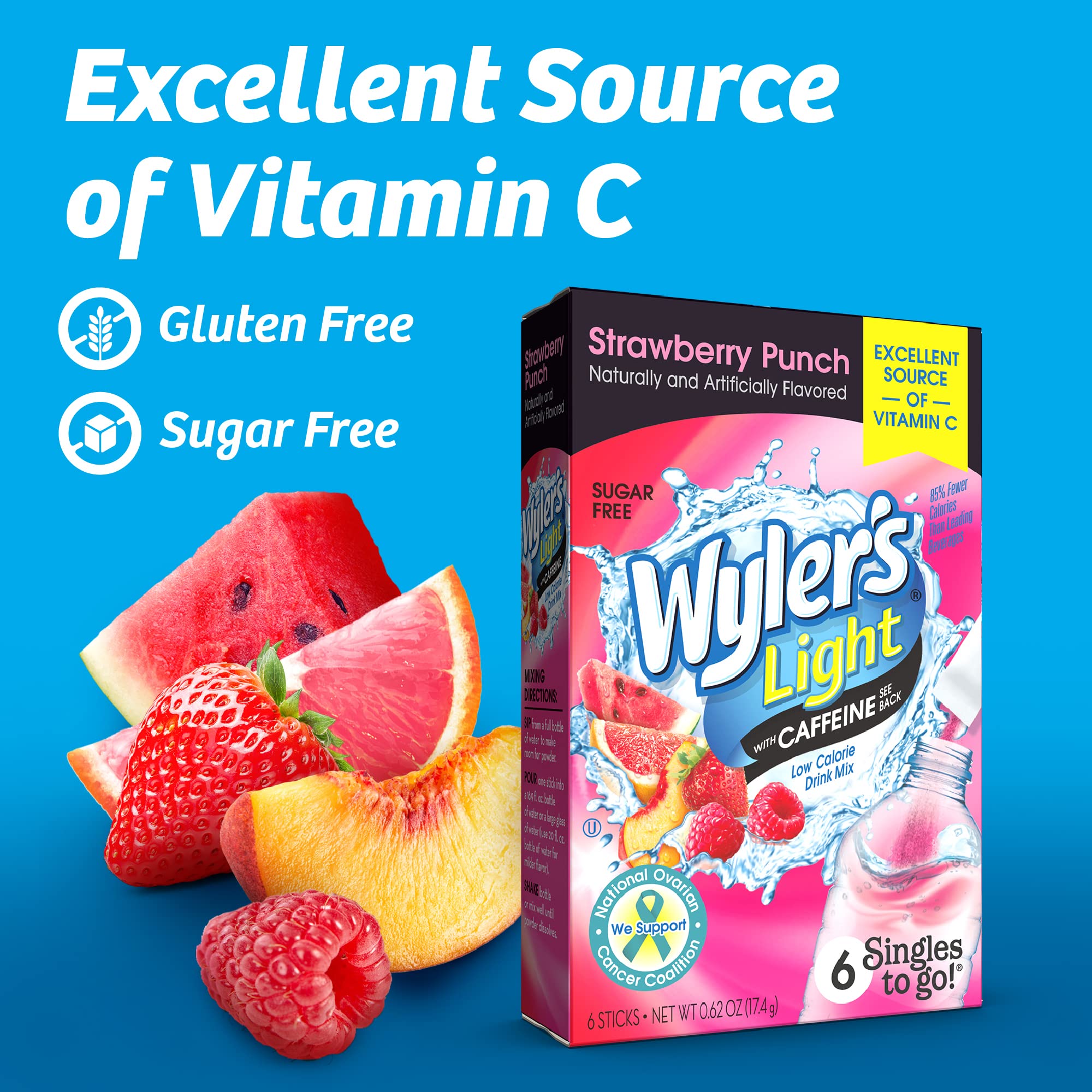 Wyler's Light Singles to Go Caffeinated Drink Mix - Strawberry Punch Powder Sticks (12 Boxes with 6 Packets Each - 72 Total Servings)