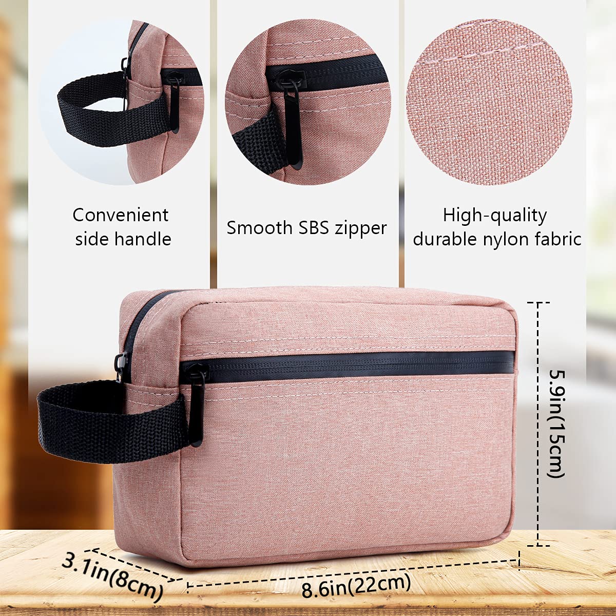 FUNSEED Travel Toiletry Bag for Women and Men, Water-resistant Shaving Bag for Toiletries Accessories, Foldable Storage Bags with Divider and Handle for Cosmetics Toiletries Brushes Tools (Pink)