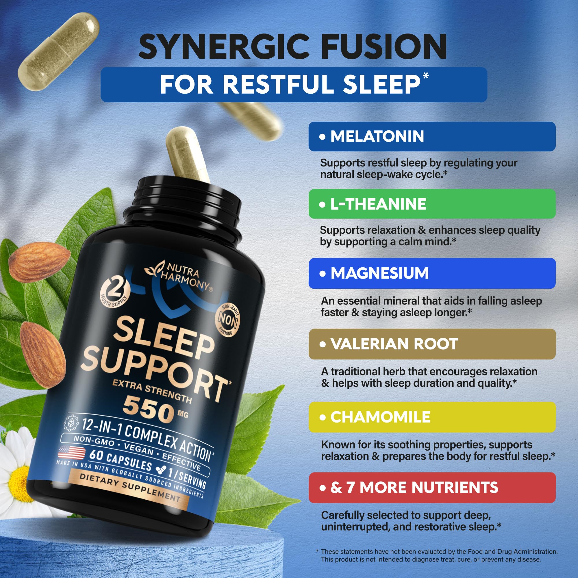 Sleeping Pills for Adults 550mg - Melatonin 3mg | Valerian Root for Sleep | L-Theanine | Magnesium - Natural Sleep Aid Supplement - Non-Habit Forming Rest Support - Made in USA - 1/day, 2 Month Supply